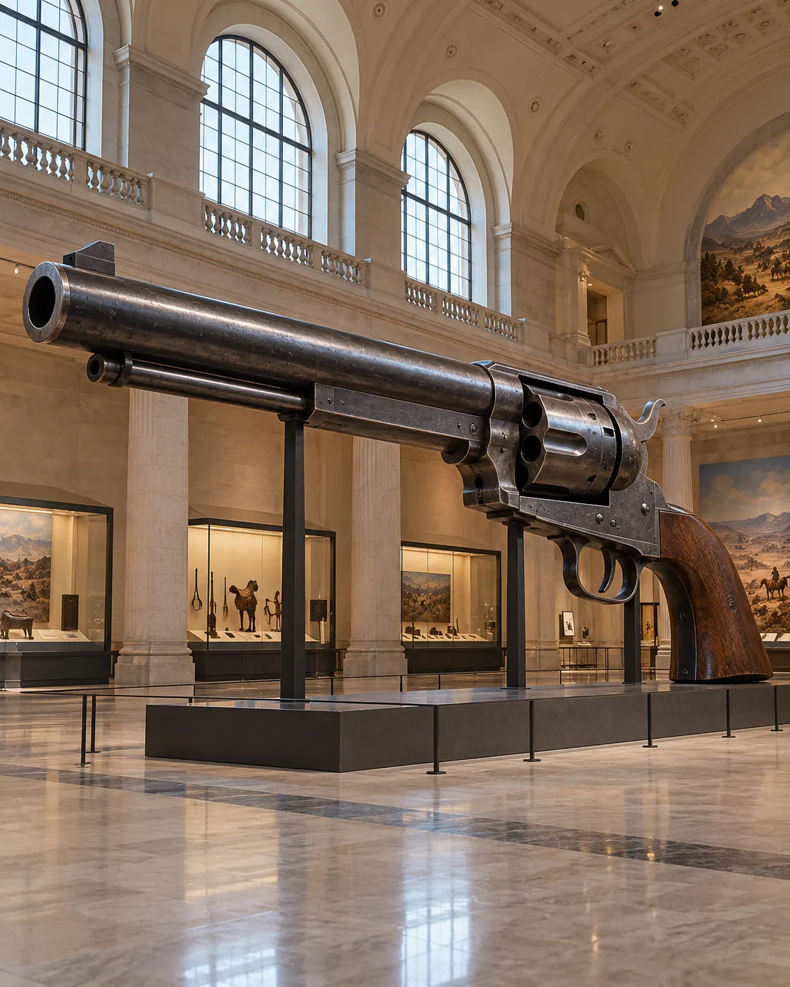 AI-generated reconstruction of an oversized historical revolver replica in a museum display; not a photograph of Tobys’s actual record object.