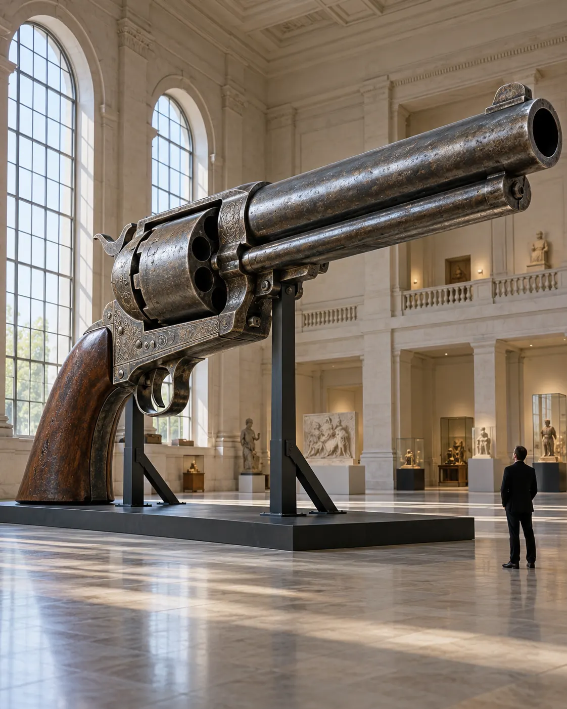 AI-generated side view of a giant antique revolver replica in a museum hall, clearly a reconstruction rather than the original record object.
