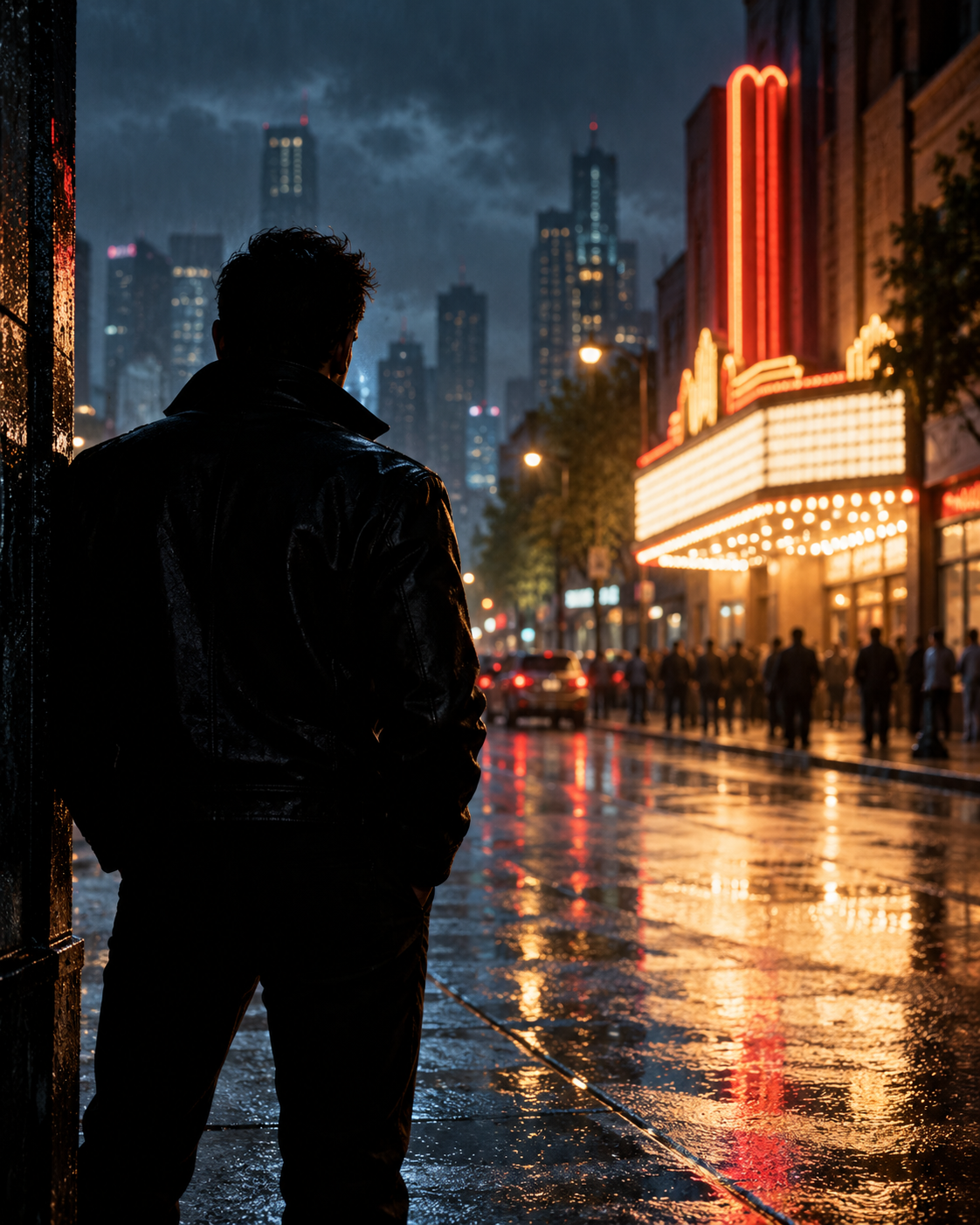 AI-generated symbolic cover of an anonymous figure outside a glowing cinema; not a specific character or film scene.