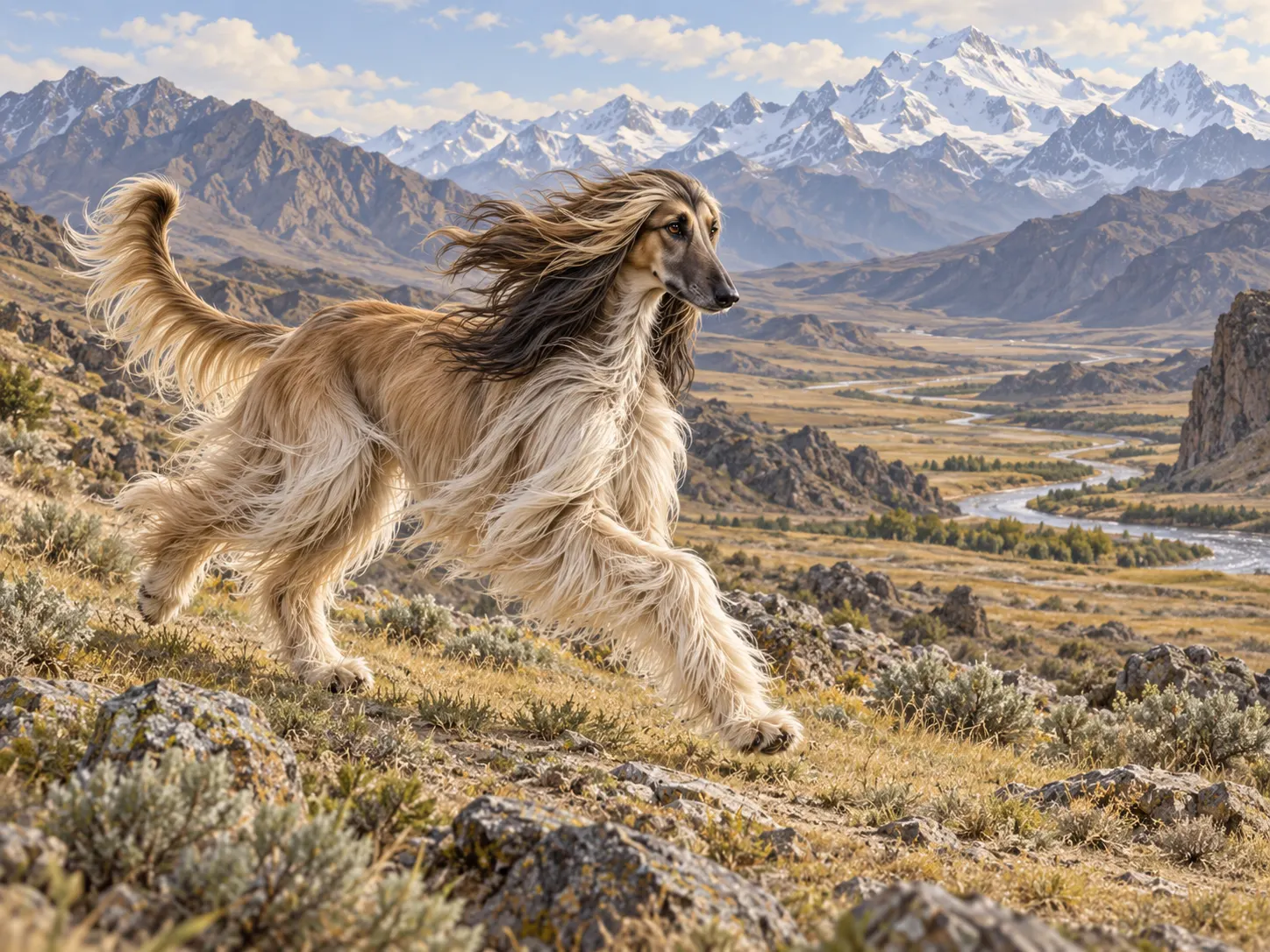 original AI-generated editorial illustration of an Afghan Hound in open terrain. Generated for this package on 2026-10-13. No external creator, URL, or third-party license applies; the project may reuse it. It is illustrative, not documentary evidence of breed behavior. Both language versions disclose the AI origin.