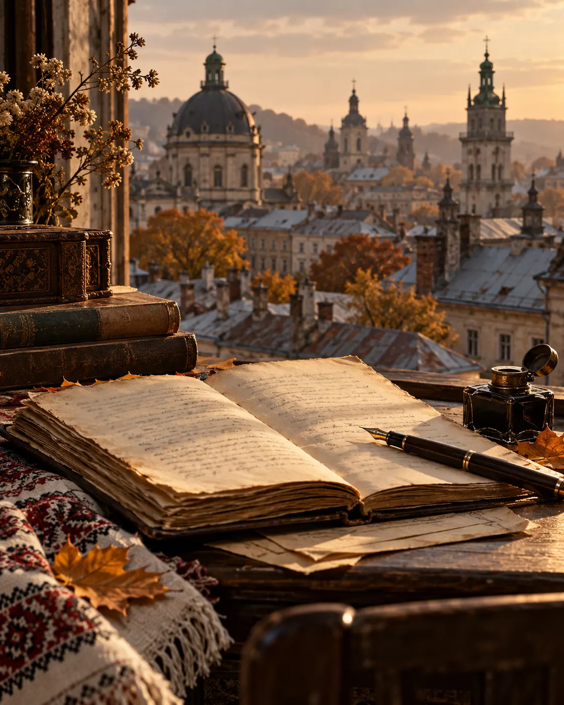 AI-generated cover: manuscript, ink and Lviv rooftops in early-20th-century autumn light. Generated 19 October 2026. Prompt: “Photorealistic vertical 4:5 editorial cover about Ivan Franko being listed among the 1916 Nobel Literature nominees. Show an old Ukrainian book manuscript, fountain pen, and subtle Lviv rooftops in the background in early 20th-century autumn light. Respectful literary history, no portrait of a real person, no official document or award medal, no readable writing, no logos.”