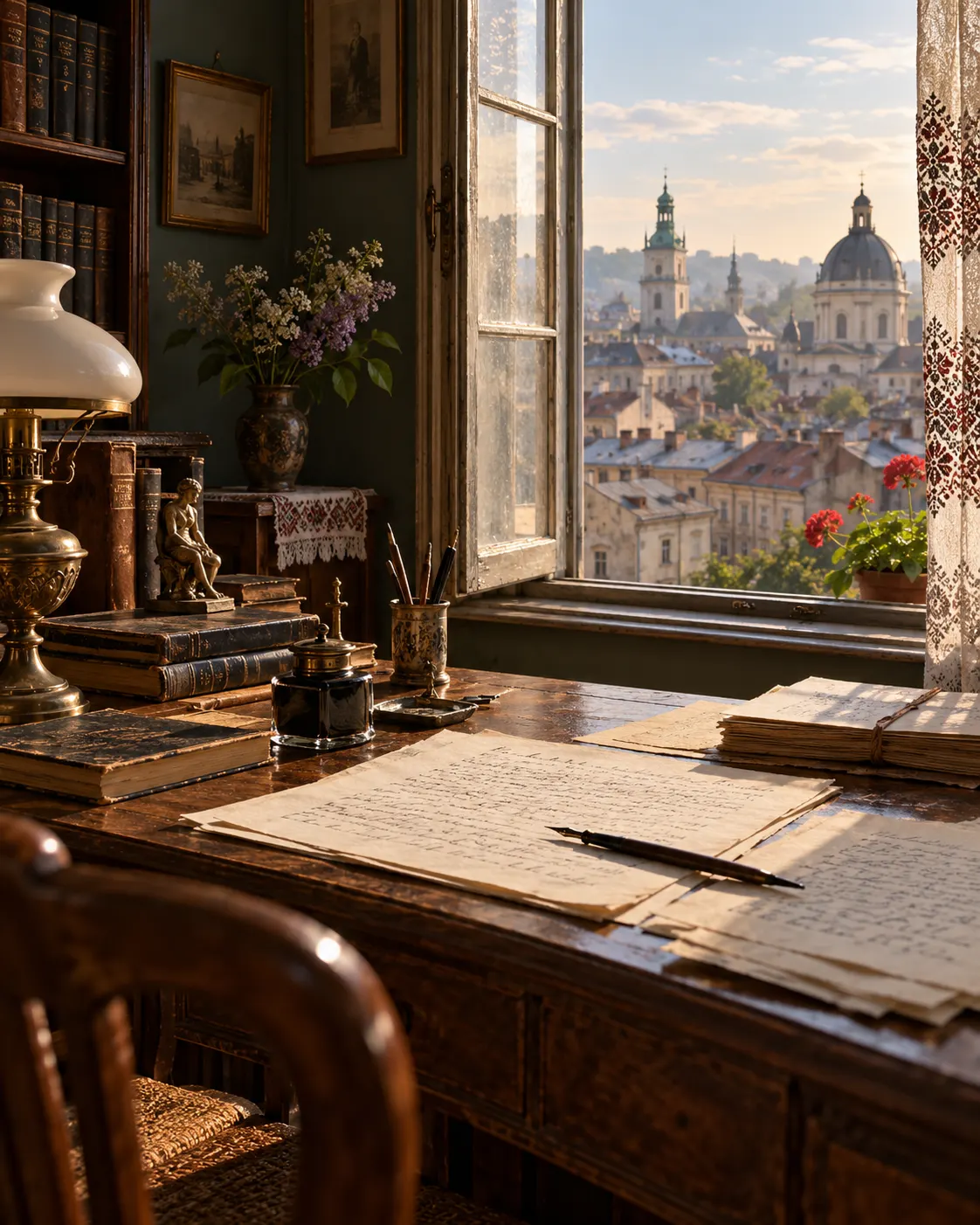 AI-generated historical illustration of a quiet early-20th-century literary study overlooking Lviv, not an identified person's room. Generated 19 October 2026. Prompt: “Photorealistic editorial historical reconstruction, vertical 4:5: a quiet early-20th-century Lviv literary study with a desk near a window, handwritten manuscript pages, ink bottle, and books, city rooftops outside in soft morning light. Evoke the cultural setting of Ivan Franko's time without depicting a specific event or person. No legible text, no logos.”