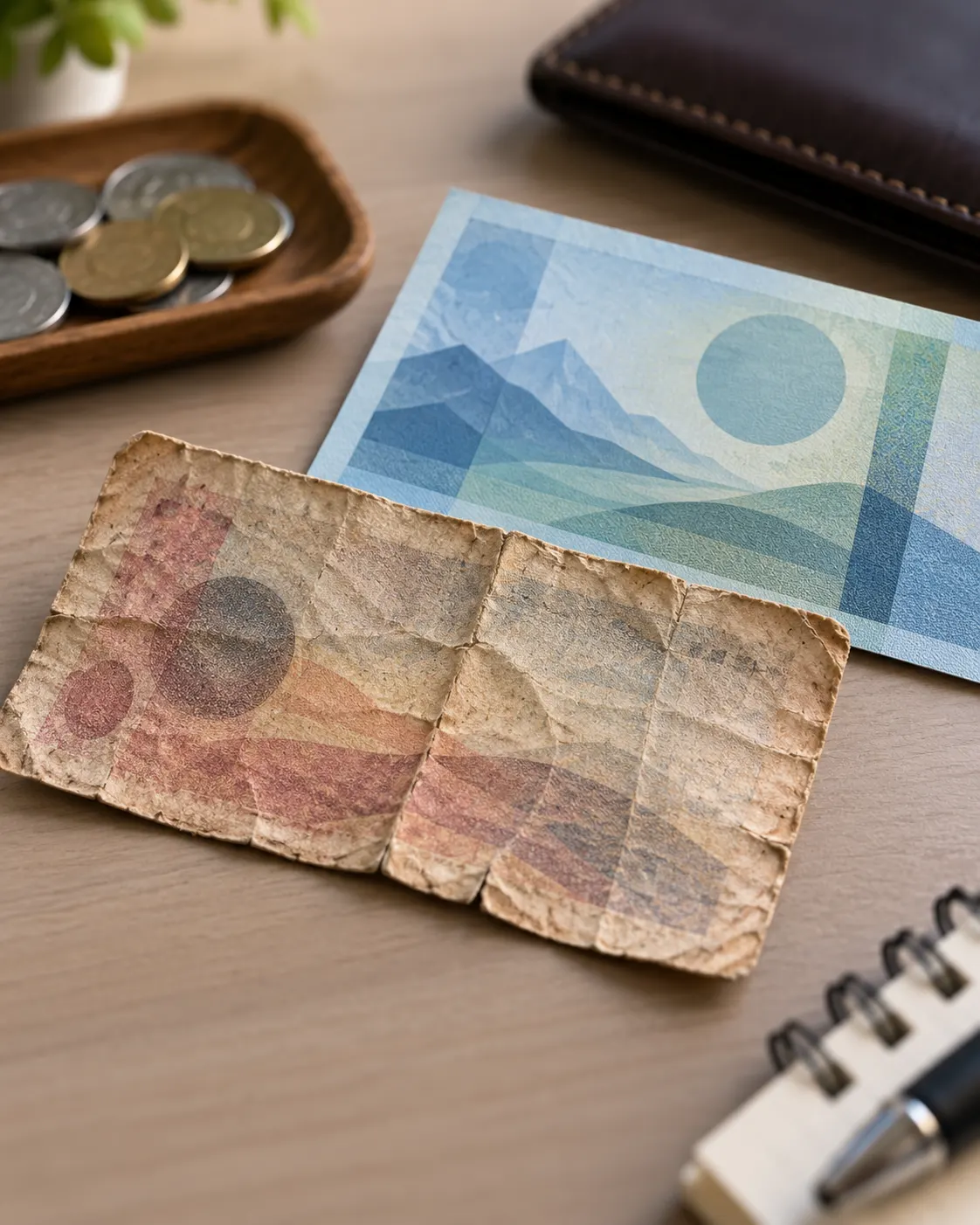 AI-generated symbolic comparison of a worn generic low-value note and a crisp higher-value note. Not a particular currency issue or measured sample. Generated with OpenAI image generation; no external source or reuse license applies.