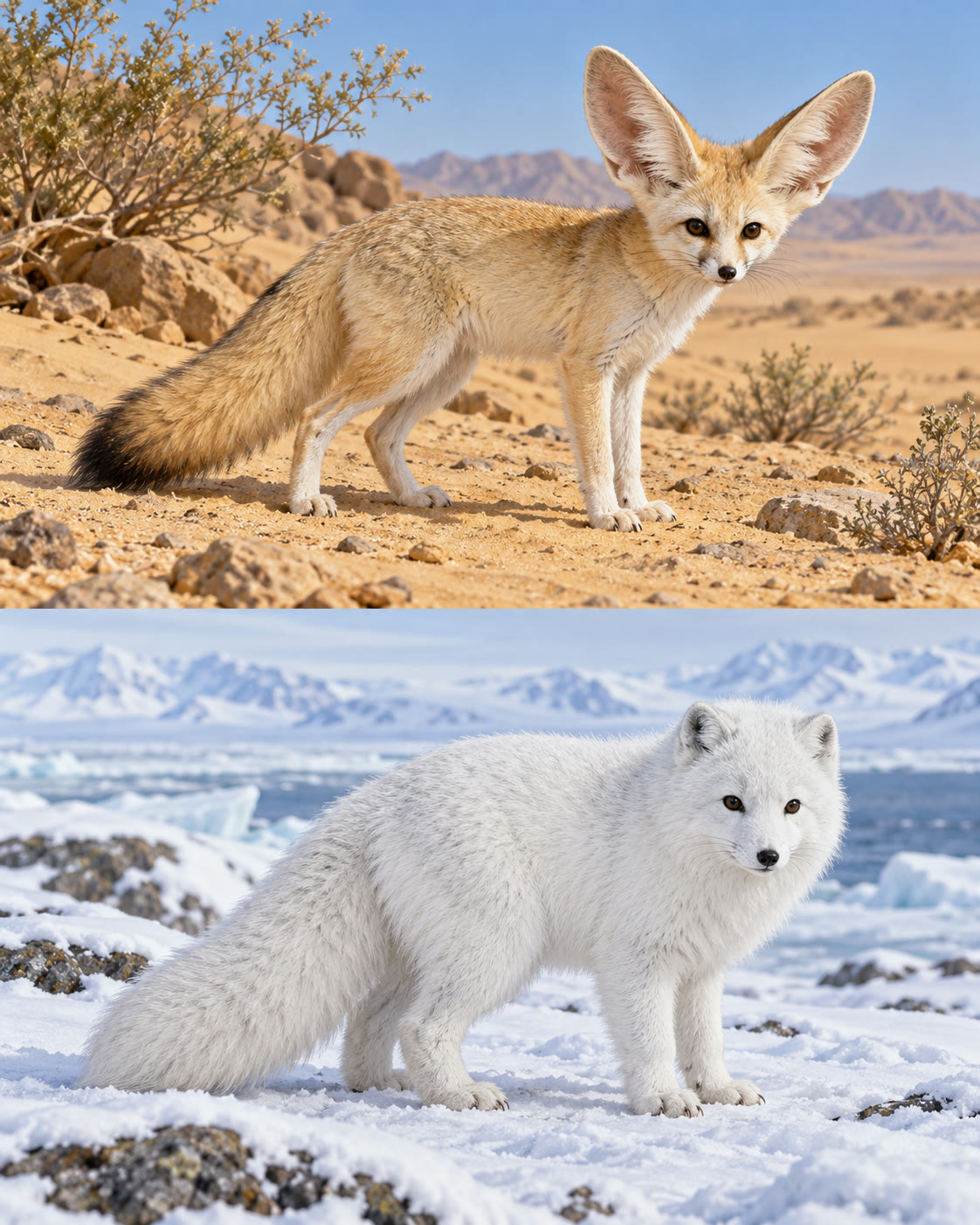 AI-generated conceptual contrast of desert and arctic foxes; it is illustrative, not a measurement or proof of a universal rule. Generated 2026-10-29. Prompt: “Vertical 4:5 natural history comparison illustration: a desert fennec fox with large ears and an arctic fox with small ears in their contrasting environments, accurate species silhouettes, scientific museum field guide style. Convey anatomical variation without implying all animals follow a universal rule. No text, labels, numbers, or arrows.”