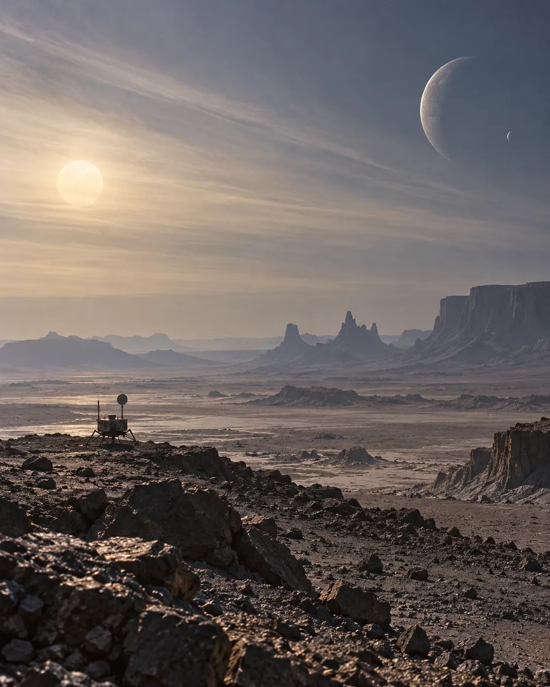 AI-generated conceptual illustration of an austere imagined alien landscape with a small research lander, evoking the novel’s science-fiction setting.