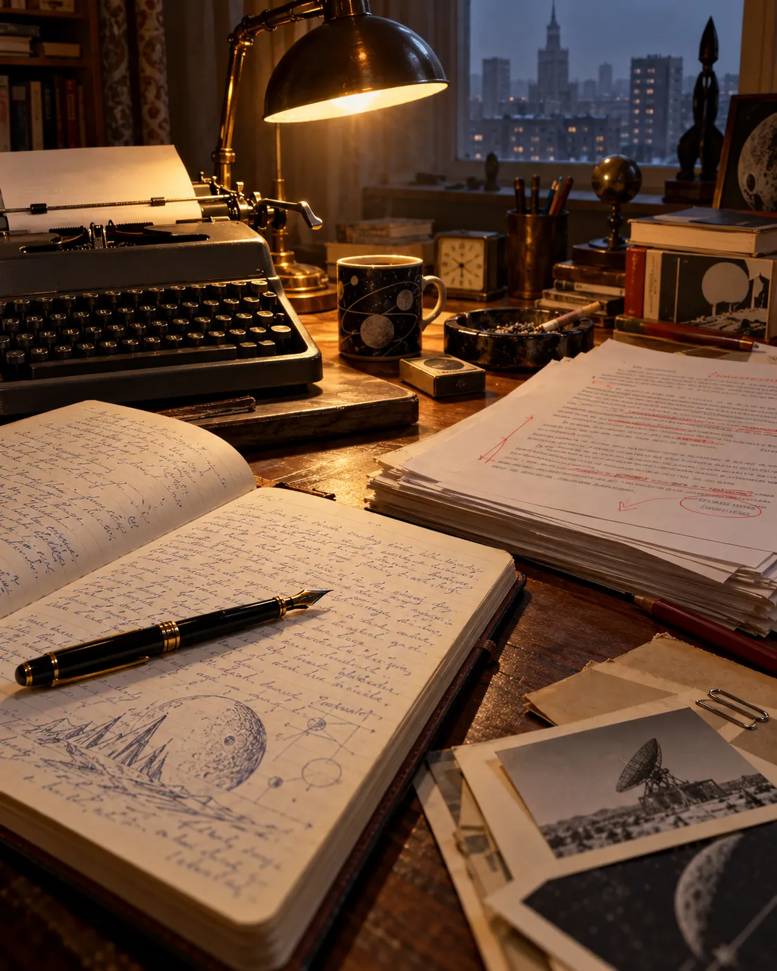 AI-generated editorial reconstruction of a late-1980s writer’s desk with a typewriter and manuscript, representing the transition from fiction to essays.