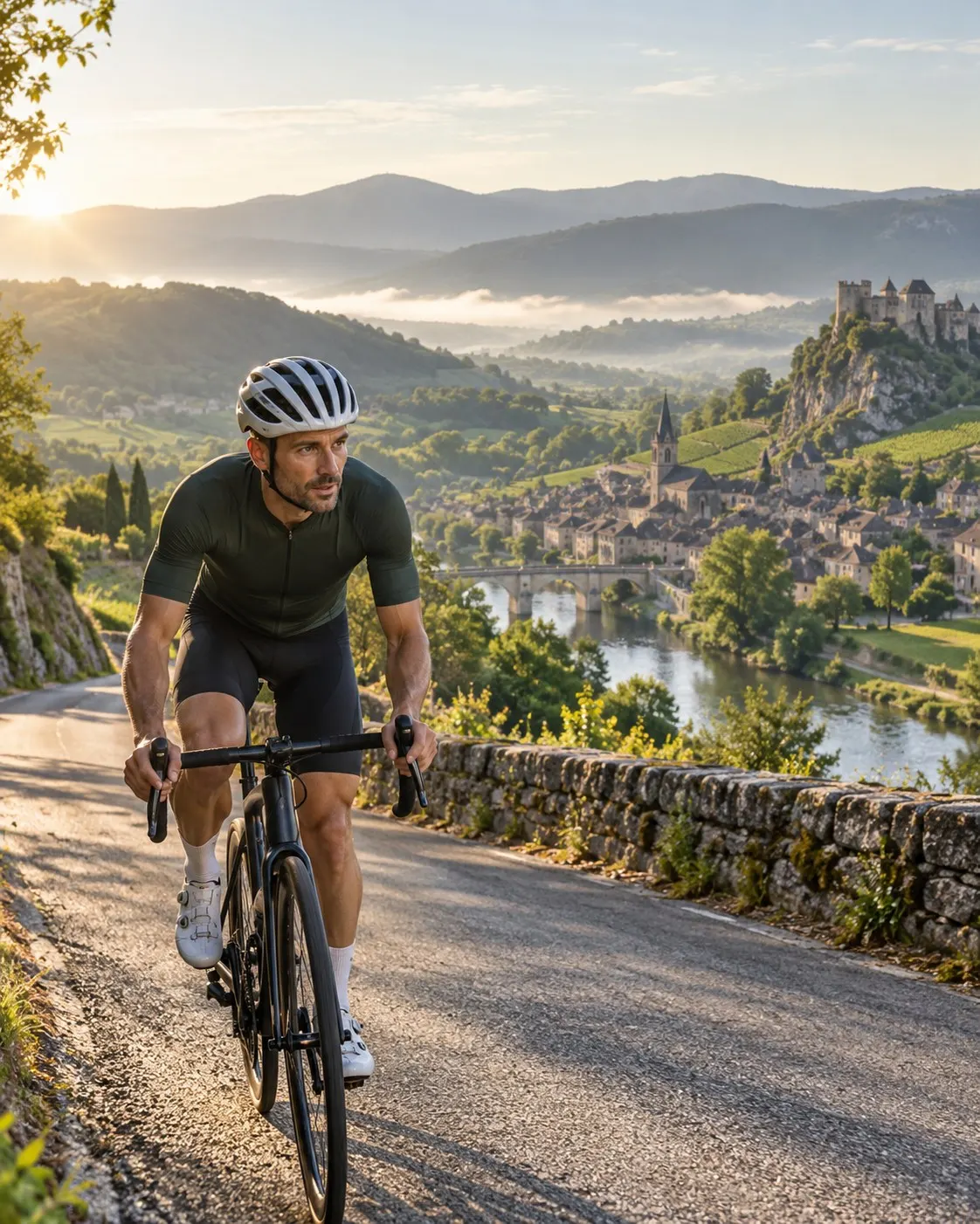 AI-generated cover of a fictional adult cyclist on a European country road; not Glen Burmeister or his route, with no country count implied. Prompt: “Photorealistic vertical 4:5 editorial cover of a fictional adult male road cyclist riding along a quiet European country road, rolling green hills, distant village and subtle border-region atmosphere, early morning light, sports travel photography, no visible national flags. Not Glen Burmeister or his 2013 route; no specific number of countries or distance implied. No text, logos, route signs or numbers.” Generated 20 October 2026.