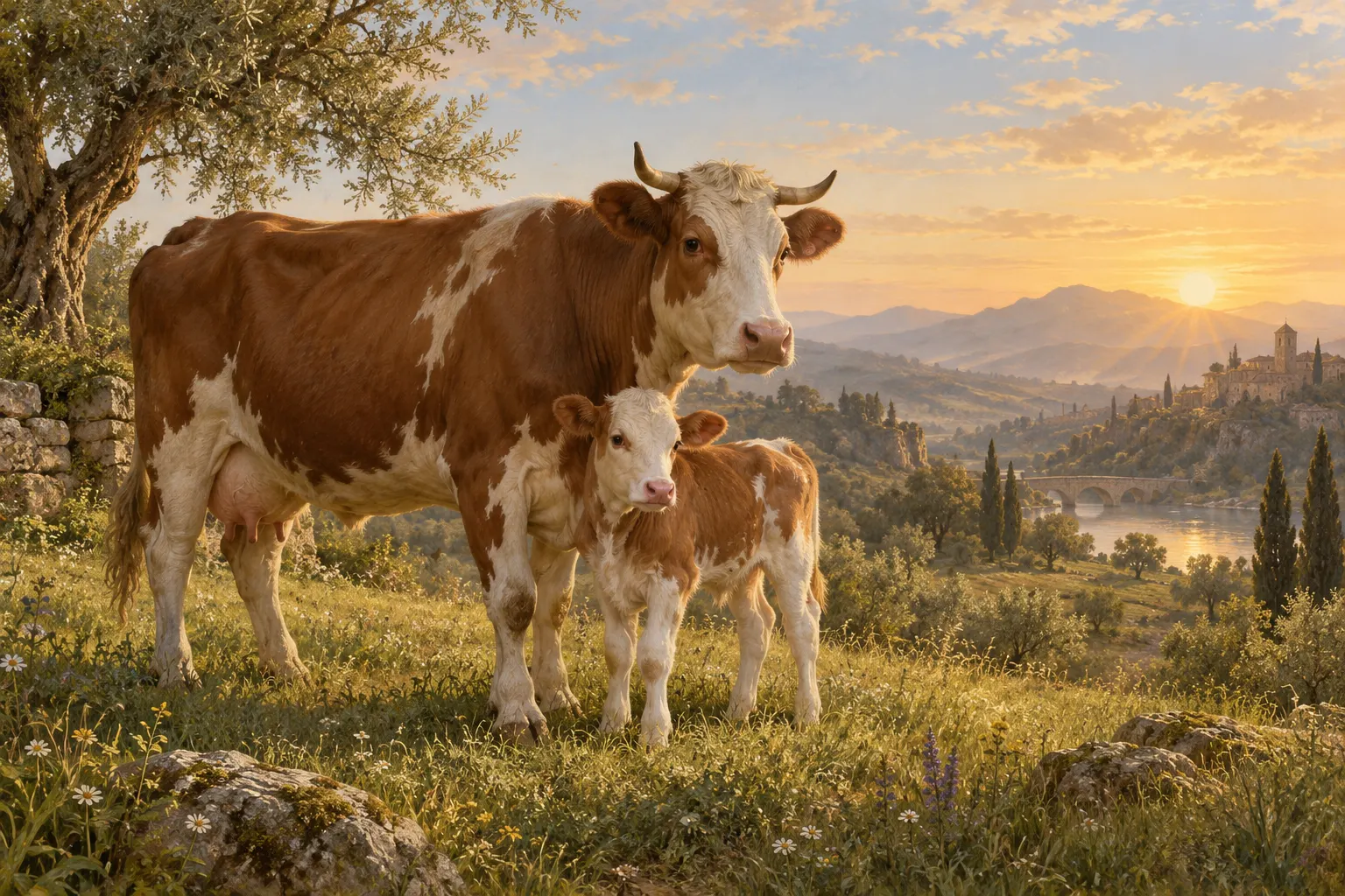 AI-generated pastoral scene of a young calf beside its mother, symbolizing the animal-protection theme of the riddle.