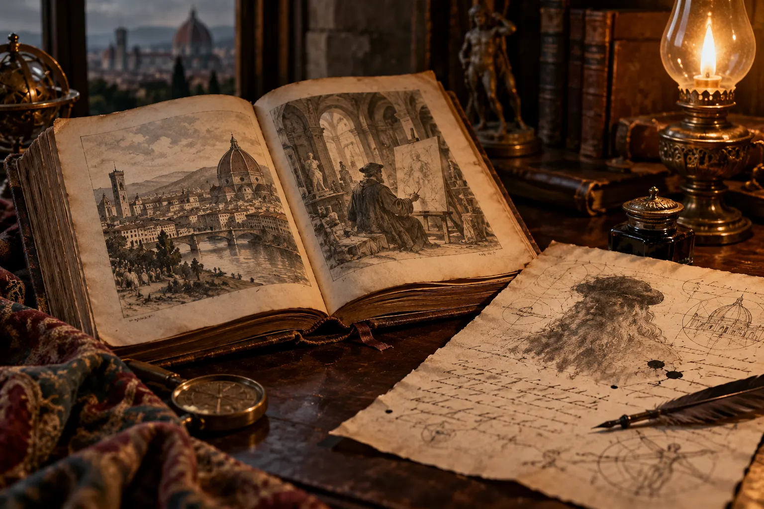 AI-generated conceptual still life evoking a later historical novel and its fictionalized portrait of a Renaissance artist.