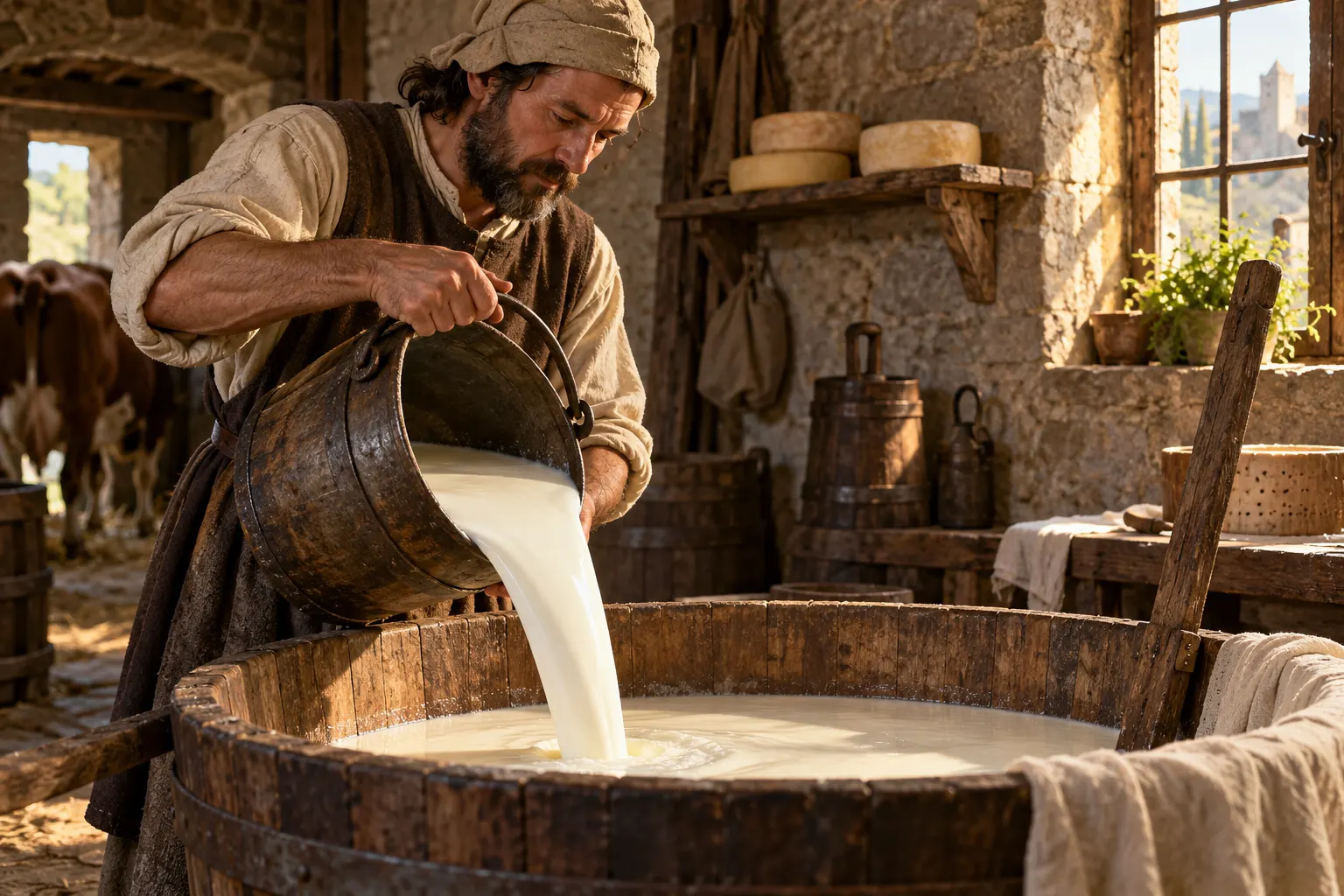 AI-generated historical-style illustration of milk being poured into a wooden vat in a dairy.