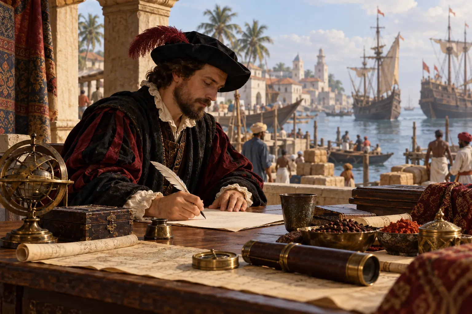 AI-generated conceptual reconstruction of a 16th-century traveller writing a letter at a desk in an Indian port.