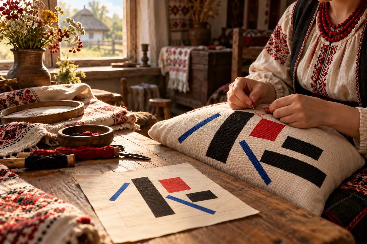 Титульна AI-згенерована ілюстрація / AI-generated cover illustration: symbolic reconstruction of an artisan stitching an abstract geometric cushion, with a matching sketch.