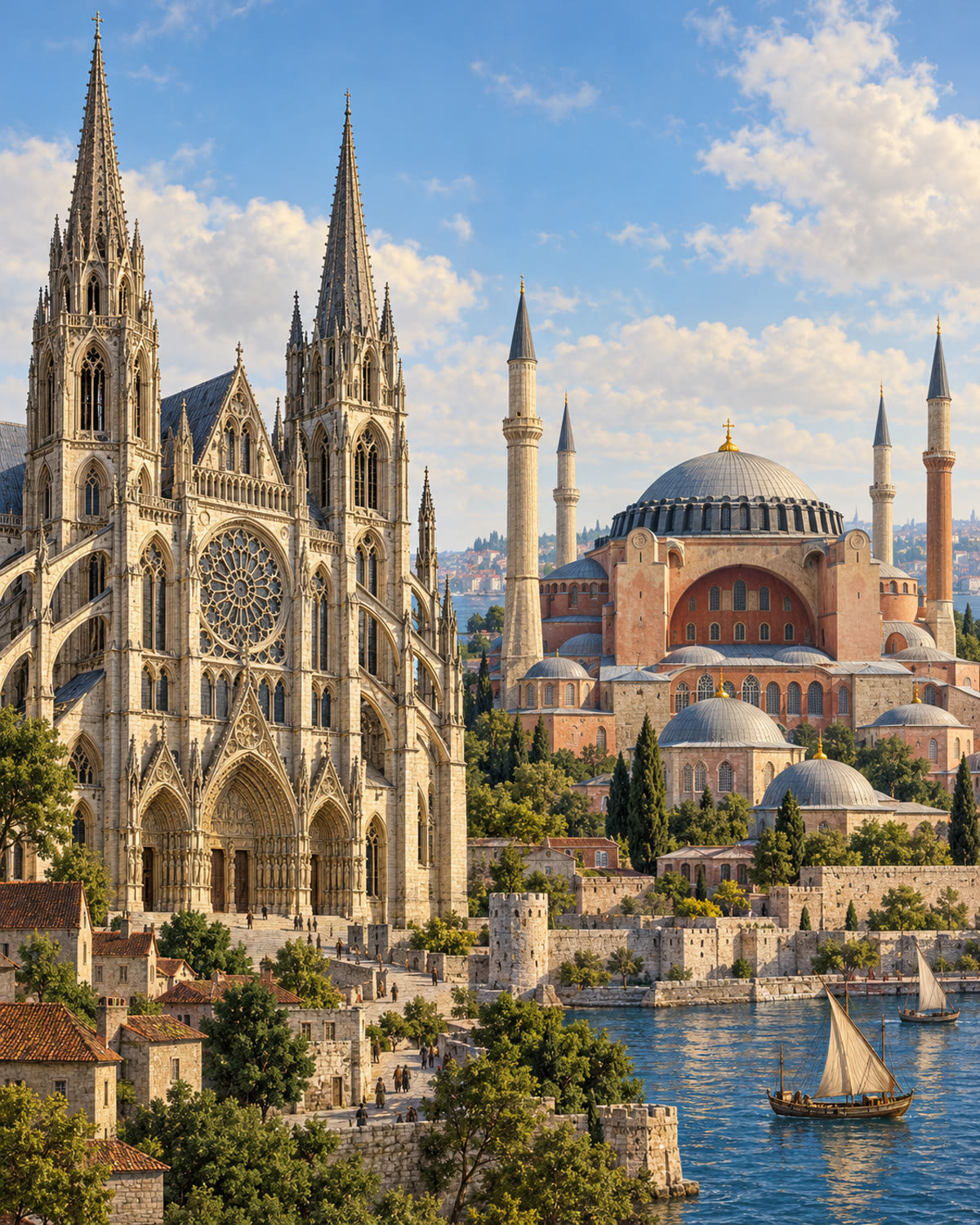 AI-generated side-by-side architectural vignettes; conceptual and not exact reconstructions.