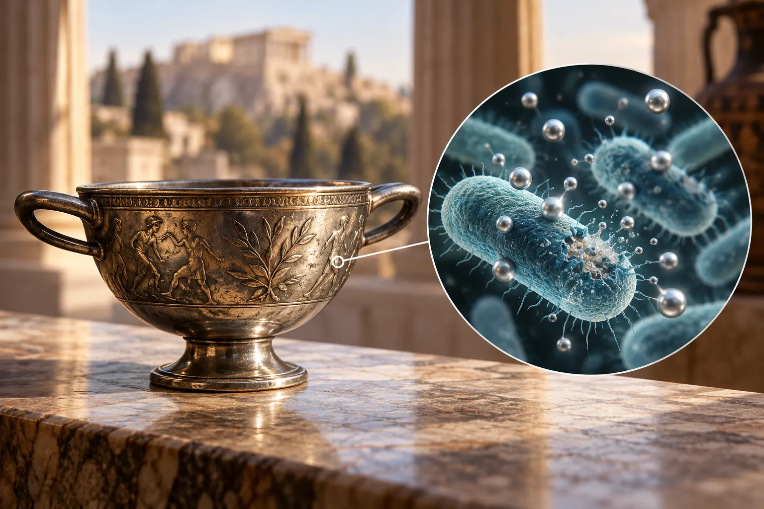 Synthetic cup-and-microbe illustration; not historical evidence.