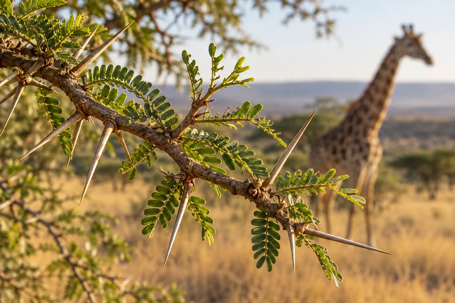 AI-generated close view of a thorny acacia-like branch with grazed foliage and a giraffe out of focus; generic, not a species identification.