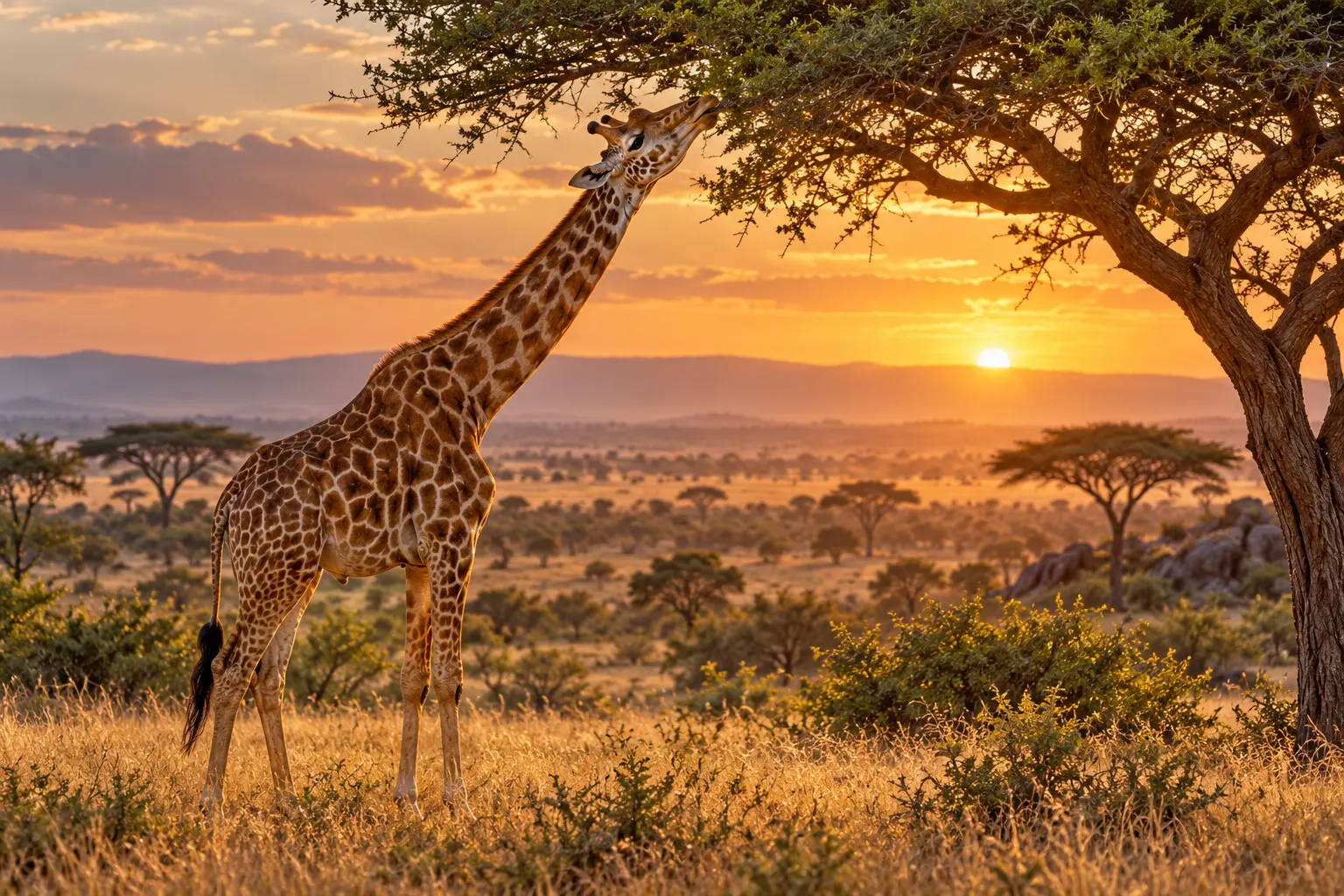 AI-generated cover illustration of a giraffe browsing an acacia-like tree on the savanna; it depicts the ecological setting, not chemical signals or proof of tree-to-tree communication.
