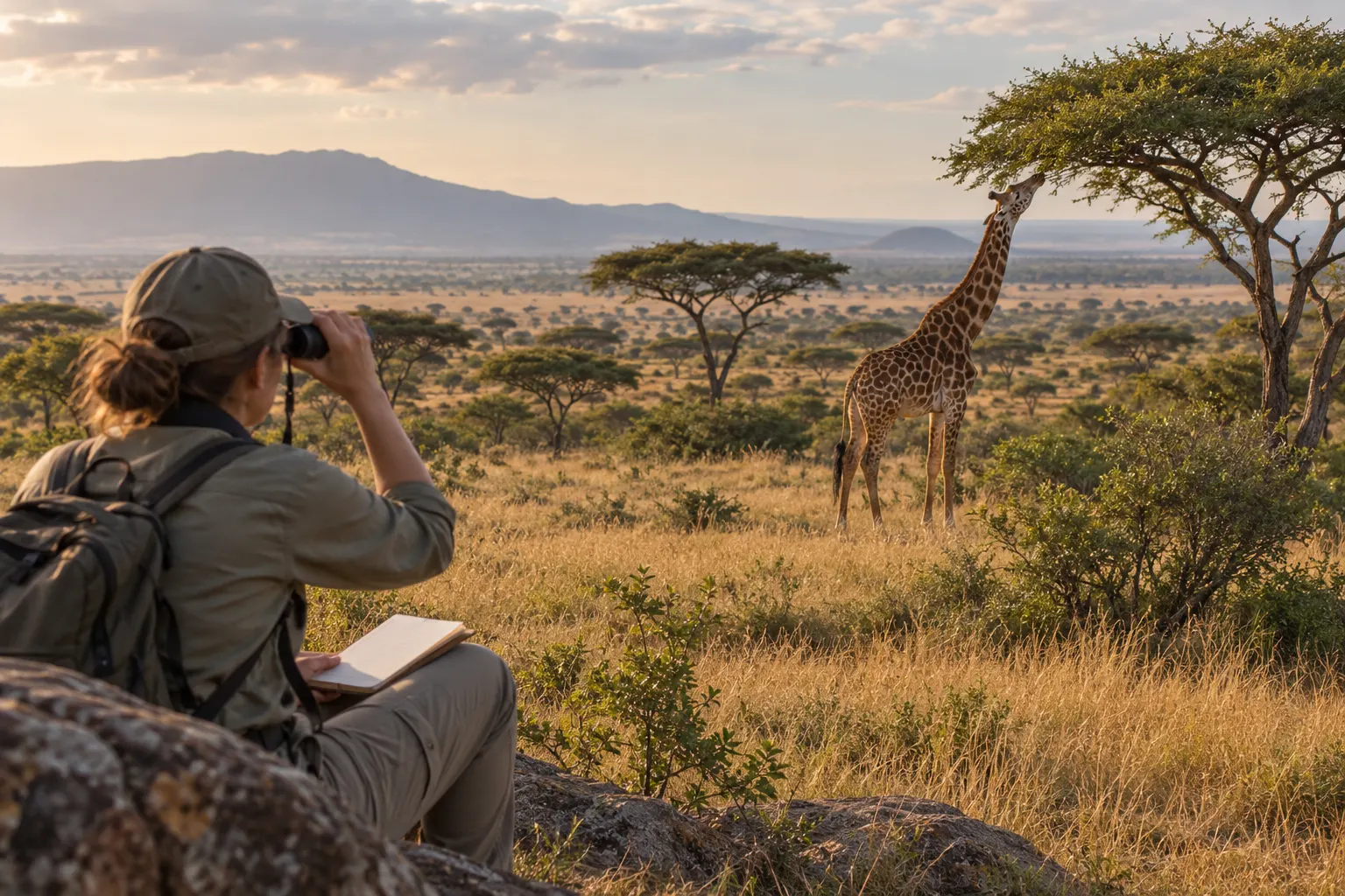 AI-generated field-observation scene with a researcher watching a giraffe browse; not a real study or documented researcher.