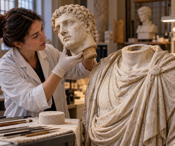 AI-generated symbolic cover. A conservator examines an invented ancient marble portrait head and draped statue with a separate circular socket; symbolic reconstruction, not a specific archaeological object.