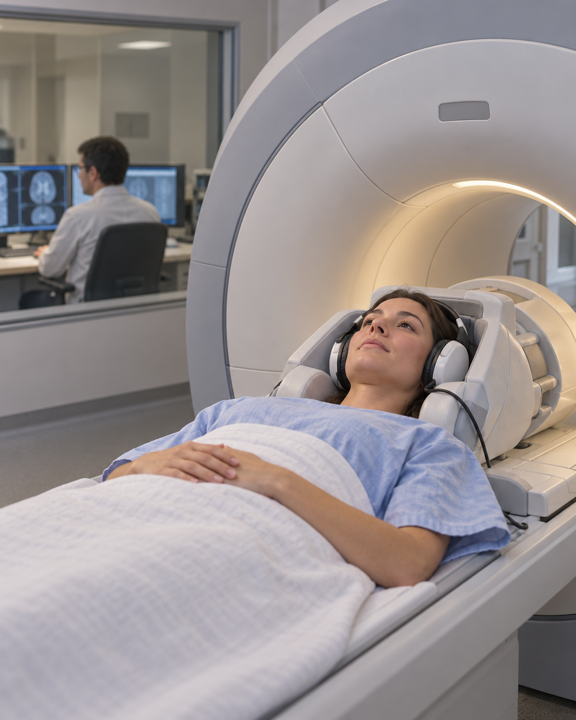 AI illustration of a music-listening participant in a PET scanner.