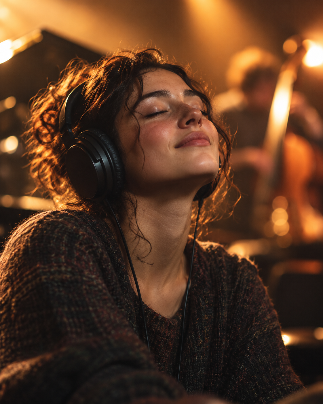 AI-generated illustrative cover, created 2026-10-25. Prompt: “Editorial science photograph, 4:5, young adult listening to music through headphones with eyes closed and a subtle emotional response, warm intimate concert-like light, realistic documentary portrait, no text, no logos. Illustrative cover about anticipation and emotion in music.”