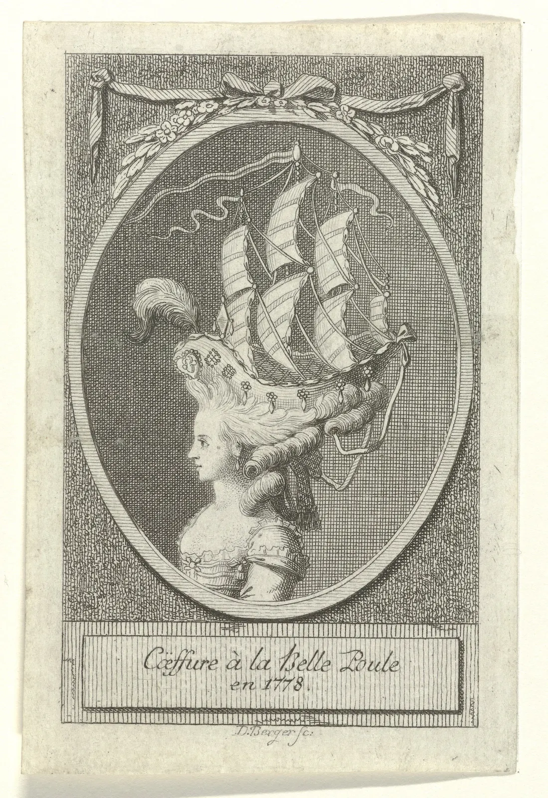 1778 fashion print showing a woman’s coiffure with a model ship; printmaker Daniel Berger; Rijksmuseum object RP-P-2009-2167; CC0 1.0 Public Domain Dedication. Original file: https://commons.wikimedia.org/wiki/File:Co%C3%ABffure_%C3%A0_la_Belle_Poule_en_1778._(titel_op_object)_Almanakprentje_dameskapsel_met_schip_in_ovaal,_RP-P-2009-2167.jpg. No attribution required by CC0; credit: Rijksmuseum.