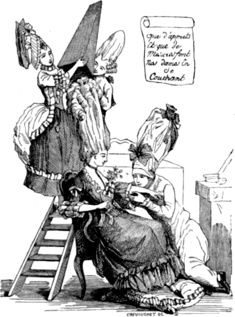 18th-century satirical caricature of the French pouf hairstyle; artist unknown; public domain (PD-old / Public Domain Mark). Original file: https://commons.wikimedia.org/wiki/File:CoiffurePouf.jpg. Credit: Unknown artist, via Wikimedia Commons; based on Augustin Challamel, *Histoire-musée de la république Française* (1842).
