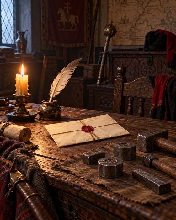 An illegible sealed letter and minting tools in a reconstructed seventeenth-century administrative room.