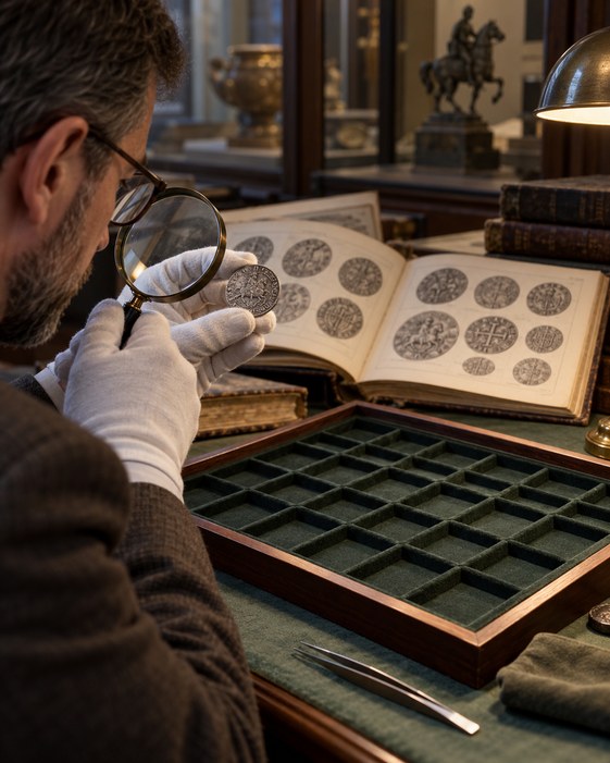 A numismatist studies a generic seventeenth-century coin beside an empty specimen tray; the coin is not attributed to Khmelnytsky.