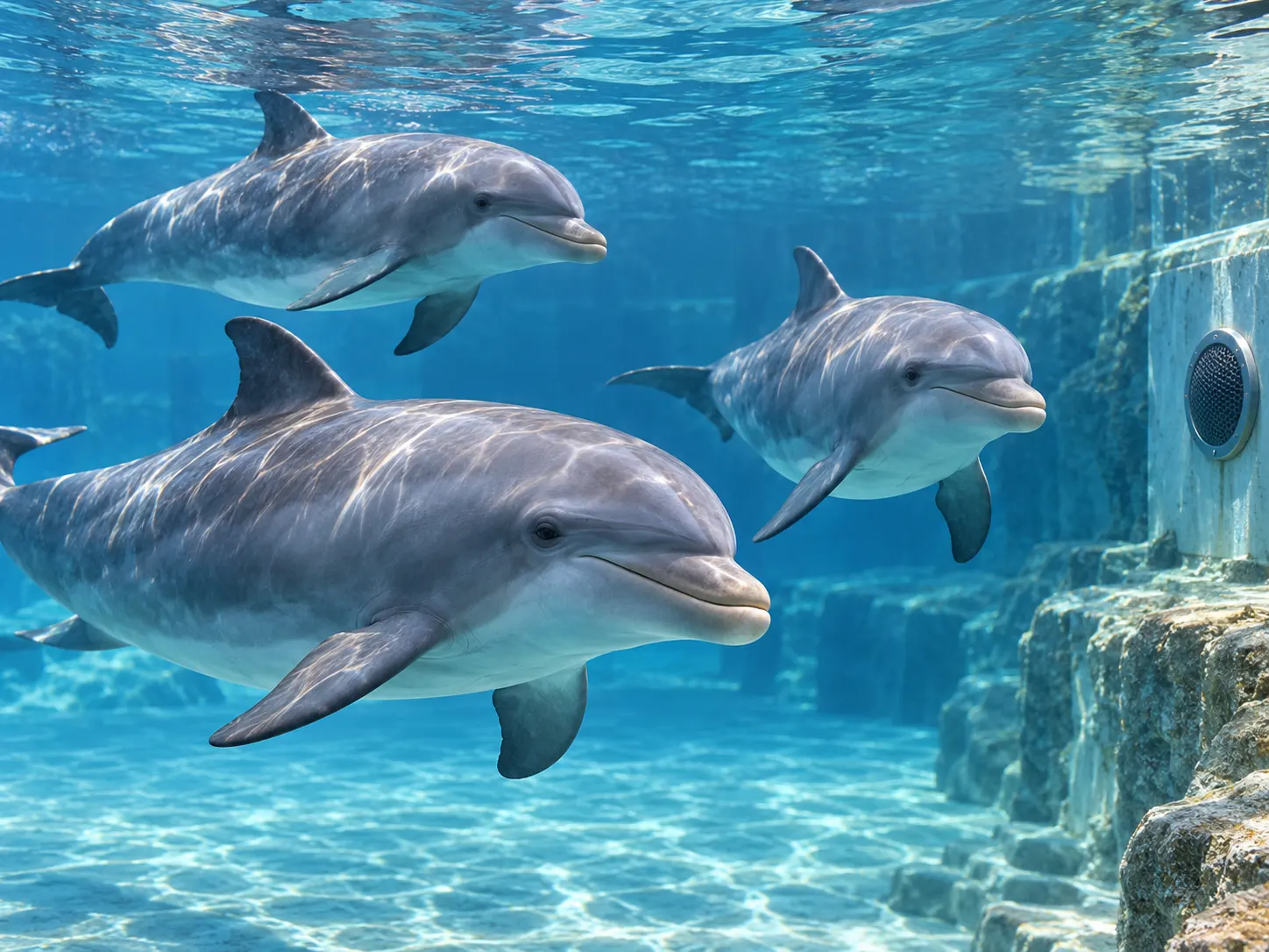 AI-generated editorial illustration of bottlenose dolphins in a marine-mammal pool with an underwater speaker, symbolizing the study setting.