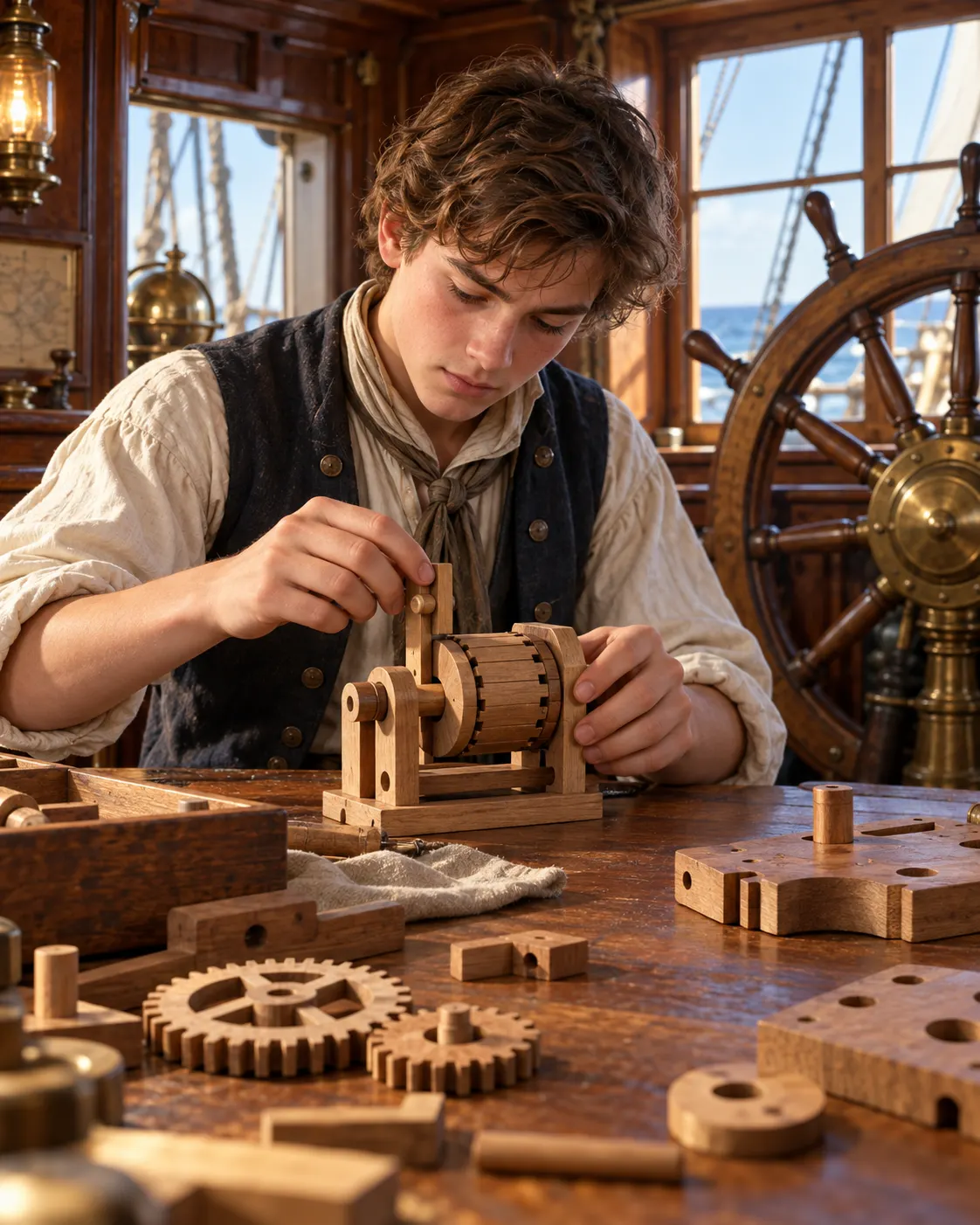 Титульна AI-згенерована ілюстрація / AI-generated cover illustration. A teenage apprentice studies a small wooden rotating mechanism aboard a sailing ship.