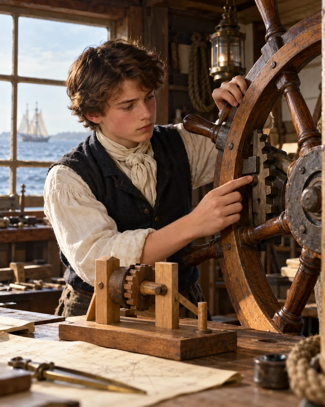 AI-generated scene of a young inventor examining a ship's wheel and a wooden mechanism.