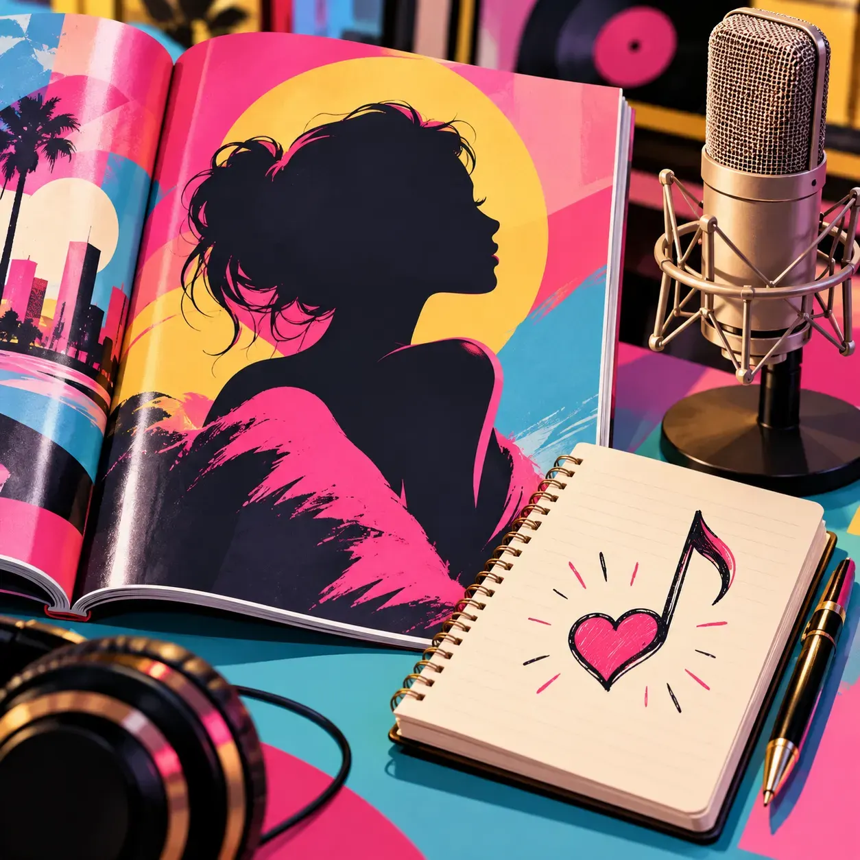 AI-generated symbolic pop illustration of a generic magazine and music symbols. It contains no identifiable celebrity or reproduction of a real cover and is not documentary evidence. Creator: OpenAI image generation. No external media or reuse license applies.