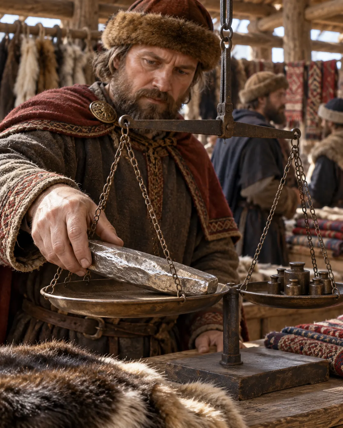 A trader weighs an elongated silver ingot in a reconstructed medieval Rus market.