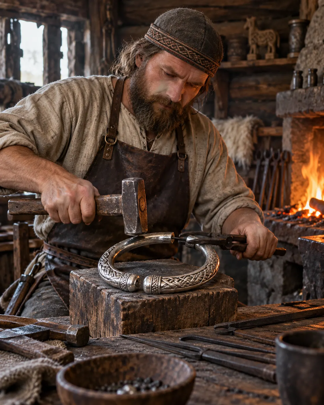 A craftsperson shapes a silver neck ring in a reconstructed medieval workshop; not a specific surviving artifact.
