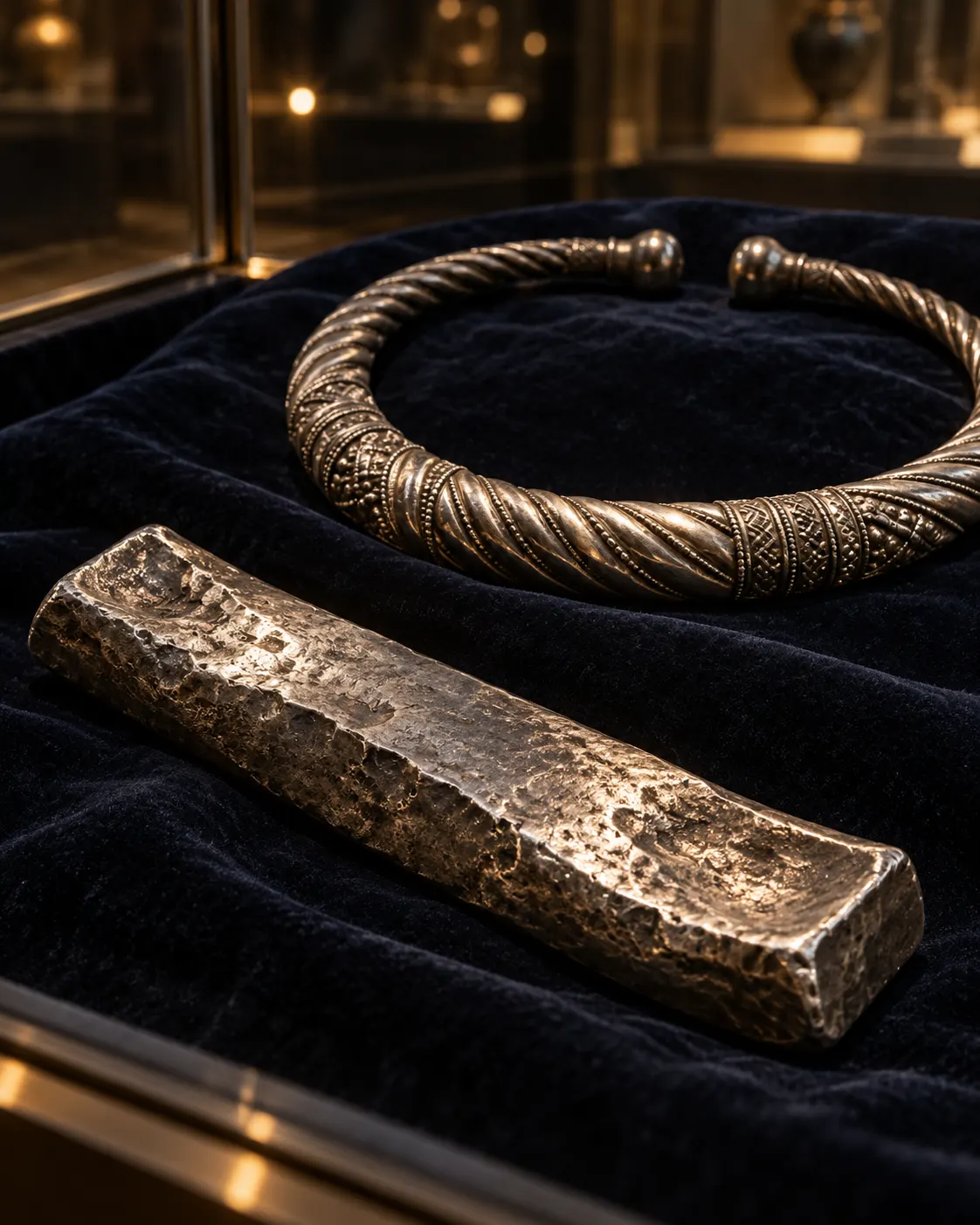 A silver ingot and a neck ring displayed together to evoke the history of the word hryvnia; symbolic, not a specific excavated pair.