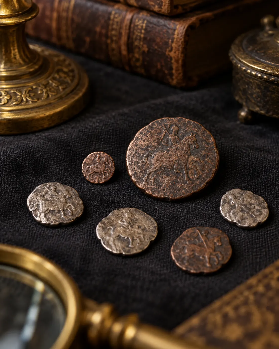 AI-generated symbolic museum still life comparing tiny historical-style coins with a larger coin. It does not reproduce an authenticated polushka. Generated with OpenAI image generation; no external source or reuse license applies.