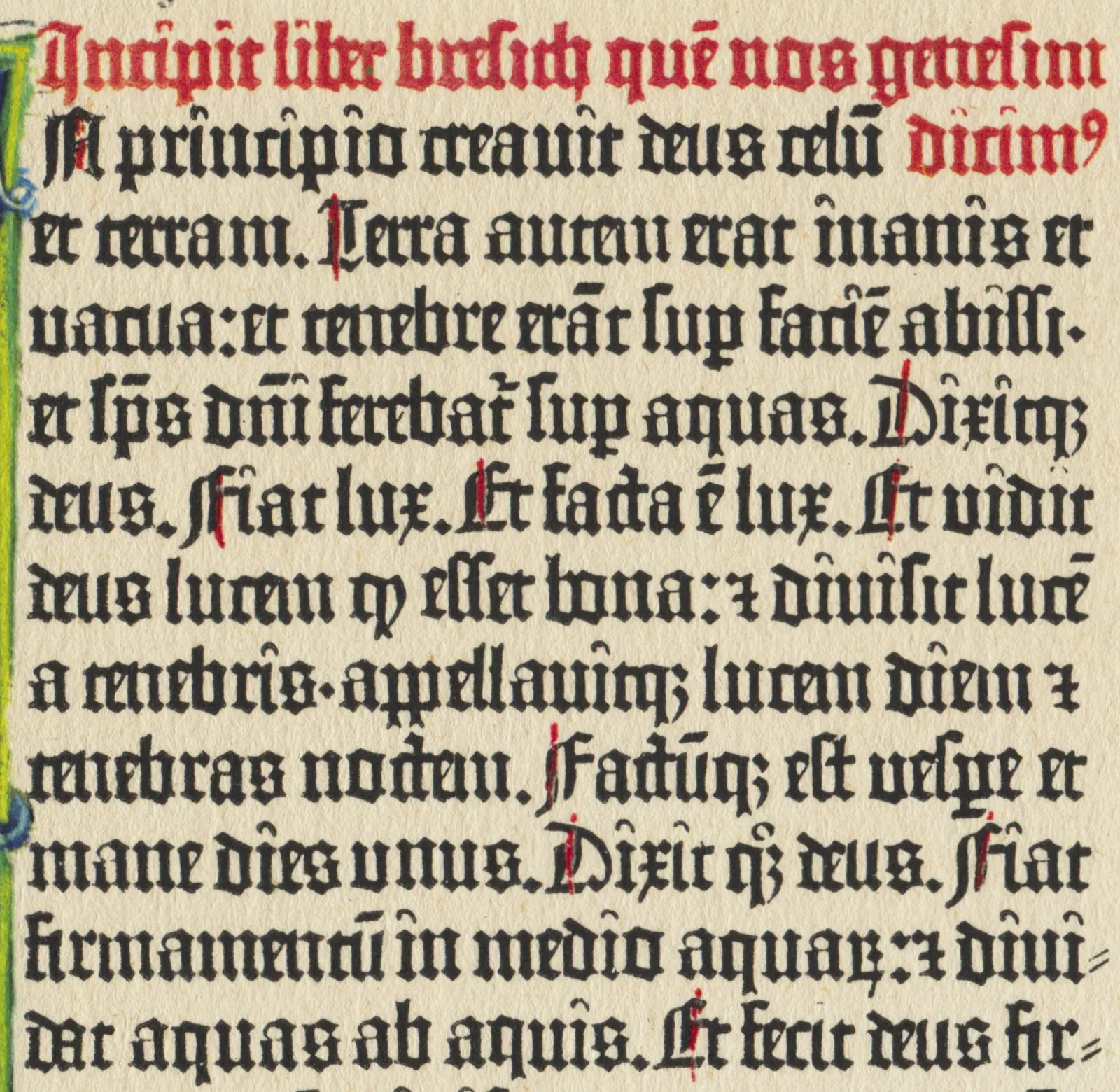 digitized page from the 42-line Gutenberg Bible, fol. 5r, Staatsbibliothek zu Berlin illuminated copy; original printed c. 1454–1455 by Gutenberg; public domain. https://commons.wikimedia.org/wiki/File:Gutenberg_Bible_B42_Genesis_cropped.jpg.