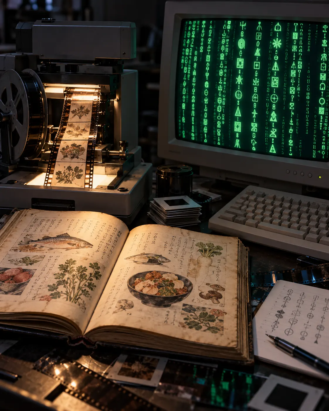 AI-generated symbolic pairing of an old cookbook and abstract computer symbols; not a movie frame or exact reproduction of its code graphics.
