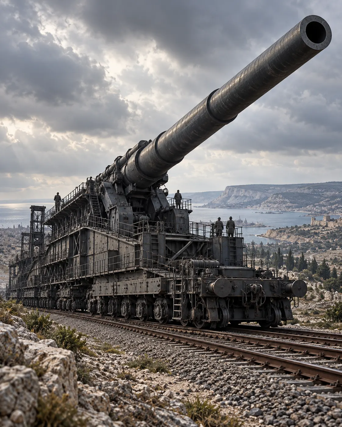 Титульна AI-згенерована ілюстрація / AI-generated cover illustration. A reconstructed super-heavy railway gun on parallel tracks, shown at rest near a coastal landscape.