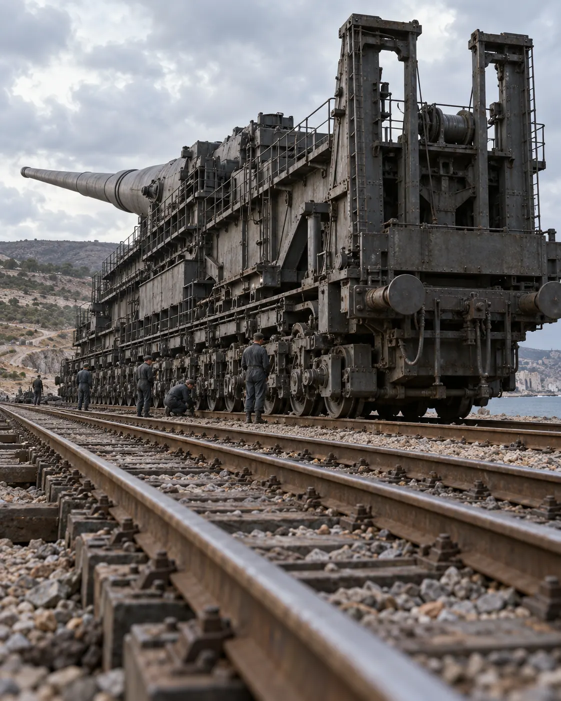 AI-generated reconstruction showing Dora's heavy rail carriage alongside parallel tracks and tiny engineers for scale.
