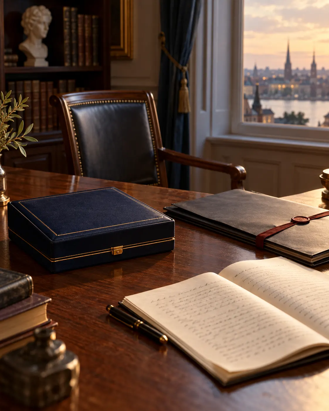 AI-generated cover: closed presentation case, manuscript and diplomatic folder, with an empty chair suggesting refusal. Generated 19 October 2026. Prompt: “Photorealistic vertical 4:5 editorial cover about two Nobel laureates who chose to decline their prizes. A closed elegant award presentation case beside an open literary manuscript and a diplomatic folder on a desk, a chair slightly pulled away, quiet thoughtful mood. Generic symbolic still life, no recognizable medal design, no readable text, no logos, no real people.”