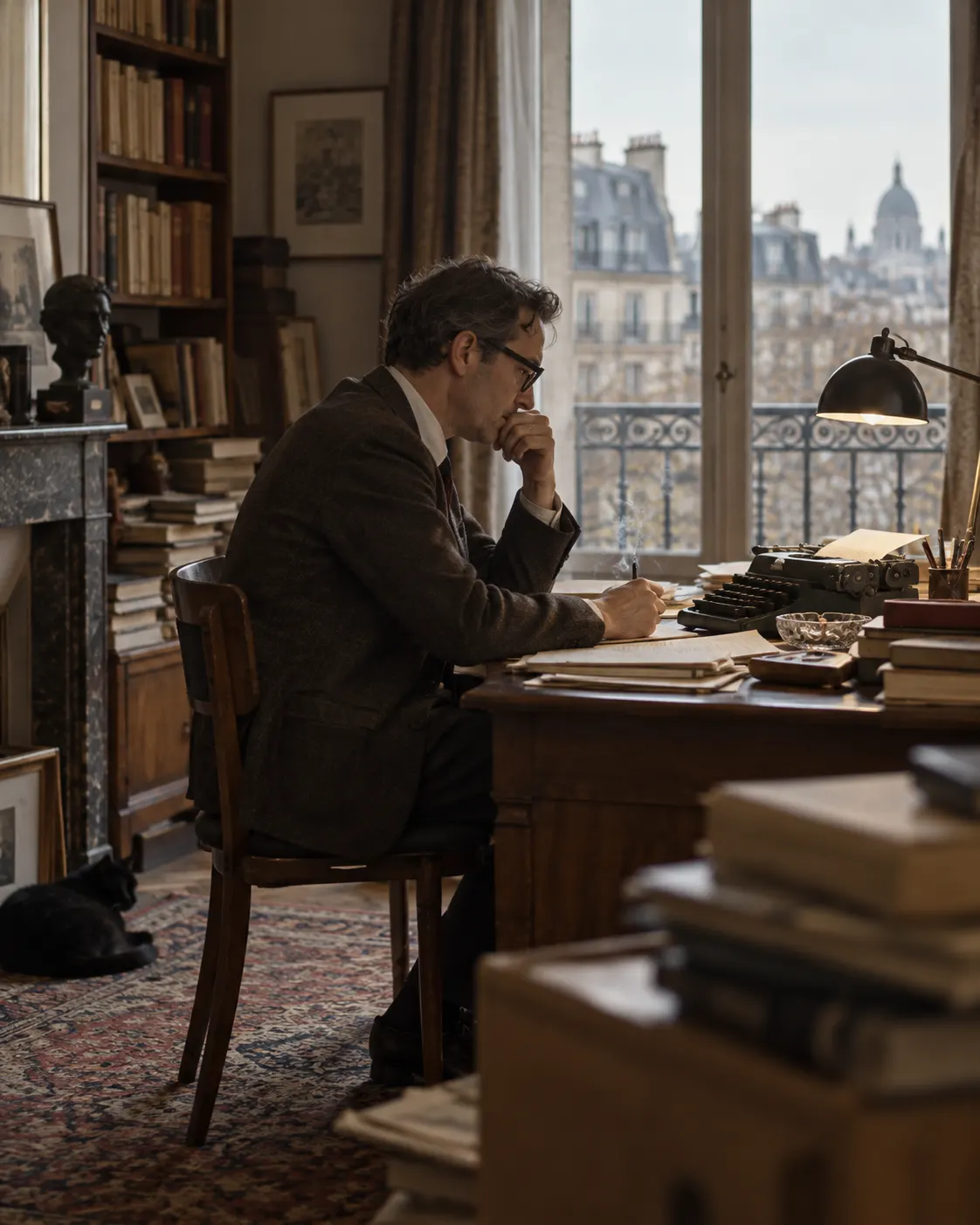 AI-generated fictional historical reconstruction of a French writer at work in the 1960s. It is not a portrait of Sartre or a documented scene. Generated 19 October 2026. Prompt: “Photorealistic historical editorial reconstruction, vertical 4:5: a 1960s French writer seated alone at a desk, working on a manuscript in a modest Paris study, books and papers, contemplative posture, seen in profile from a respectful distance. Generic fictional writer, not a portrait of Jean-Paul Sartre and not a real documented moment. No readable text, no logos, no medals.”