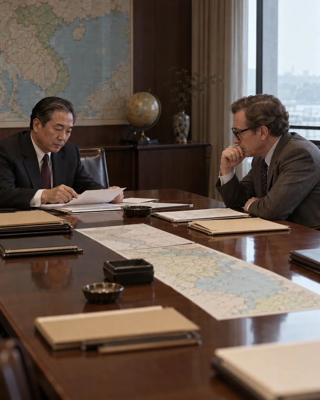AI-generated fictional reconstruction of two diplomats reviewing papers; it is not Le Duc Tho, Henry Kissinger, or a specific meeting. Generated 19 October 2026. Prompt: “Photorealistic editorial historical reconstruction, vertical 4:5: two diplomats in a quiet 1970s conference room reviewing papers across a long table, subdued natural light, period-appropriate clothing, maps and folders without legible writing. Generic fictional figures, not Le Duc Tho or Henry Kissinger, and not a specific documented meeting. No flags, logos, awards, or text.”