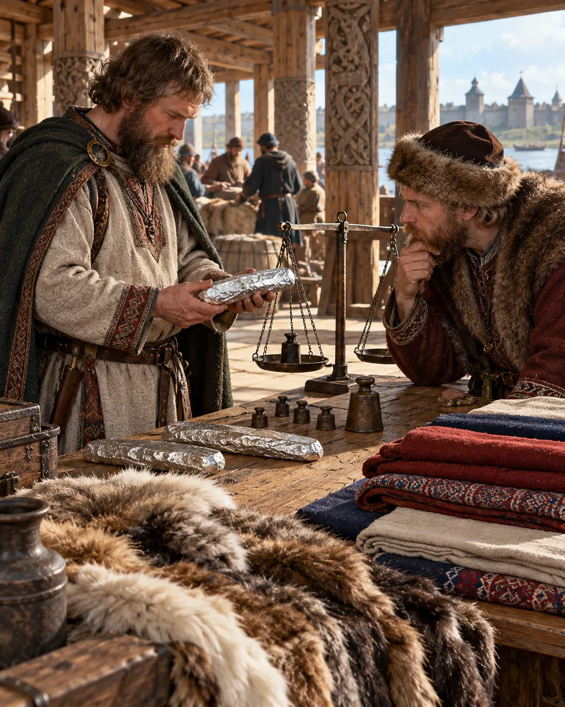 Merchants compare a silver ingot and balance weights during a reconstructed medieval Rus transaction.
