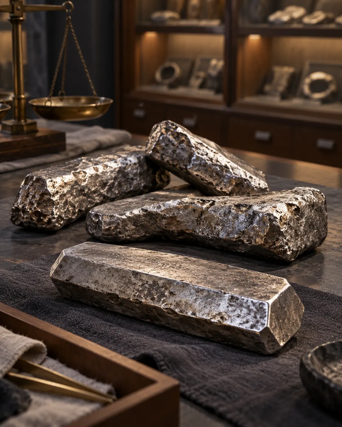 Several symbolic reconstructions of silver ingots show different forms in a museum conservation setting.