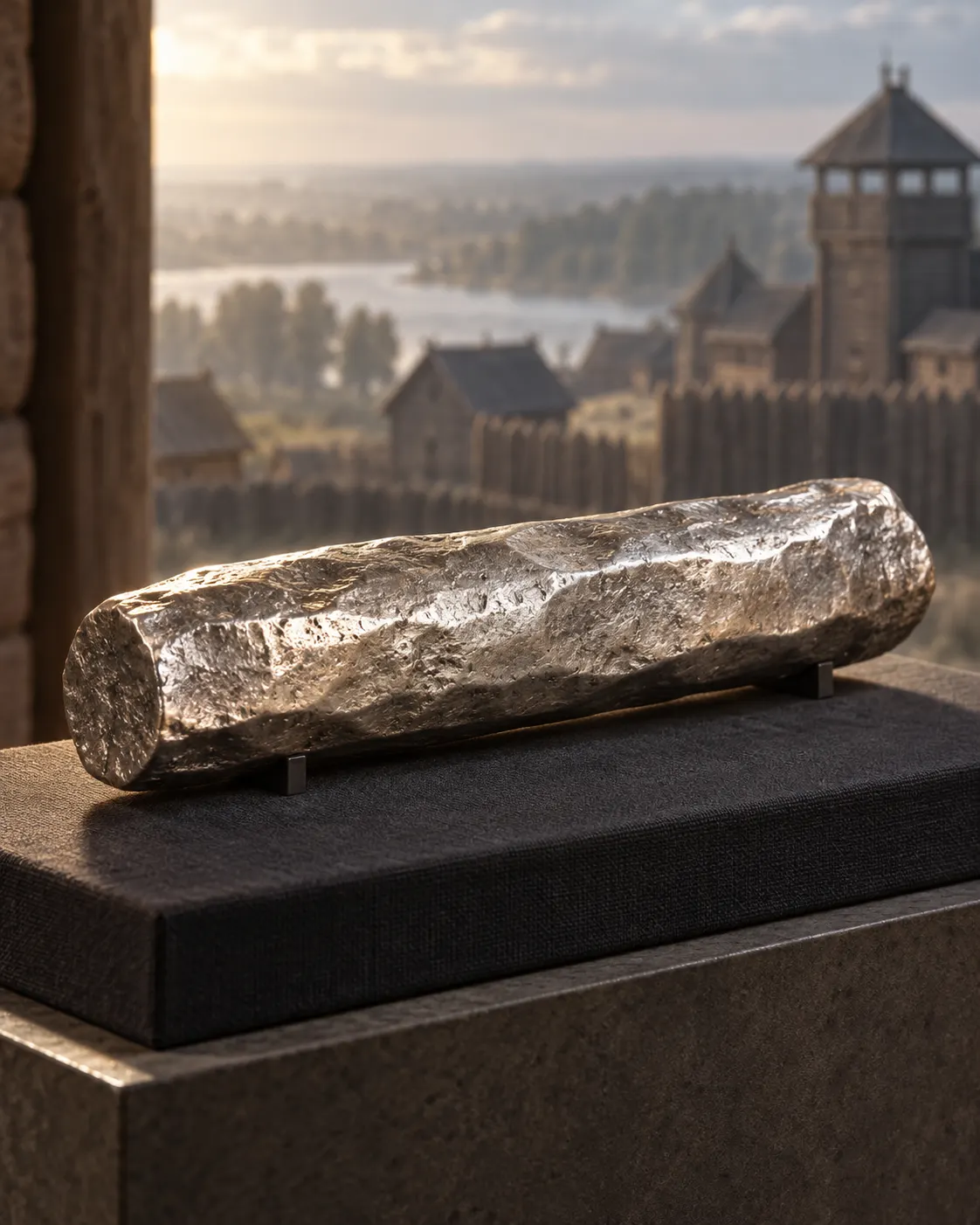 An elongated silver ingot displayed against a reconstructed medieval Rus settlement; symbolic, not a specific artifact.