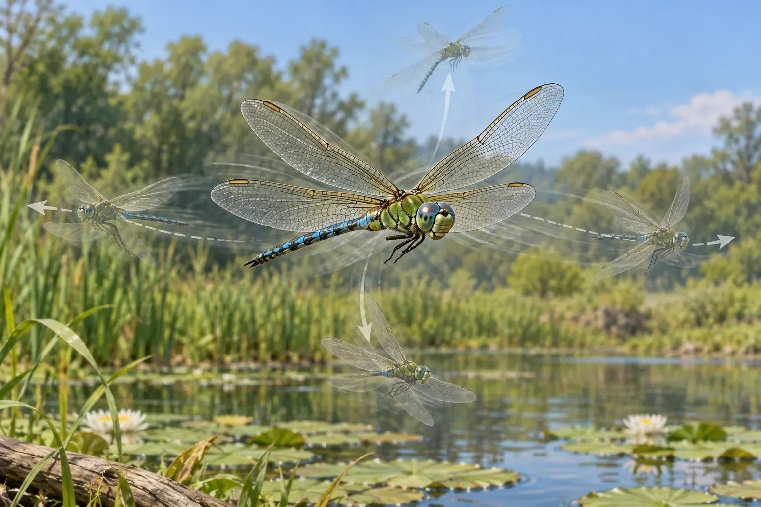 AI-generated editorial illustration of a dragonfly near a pond with schematic maneuver trails. Not a photograph or measured flight record. Generated 2026-10-13; no external creator/license. AI origin disclosed in the post.
