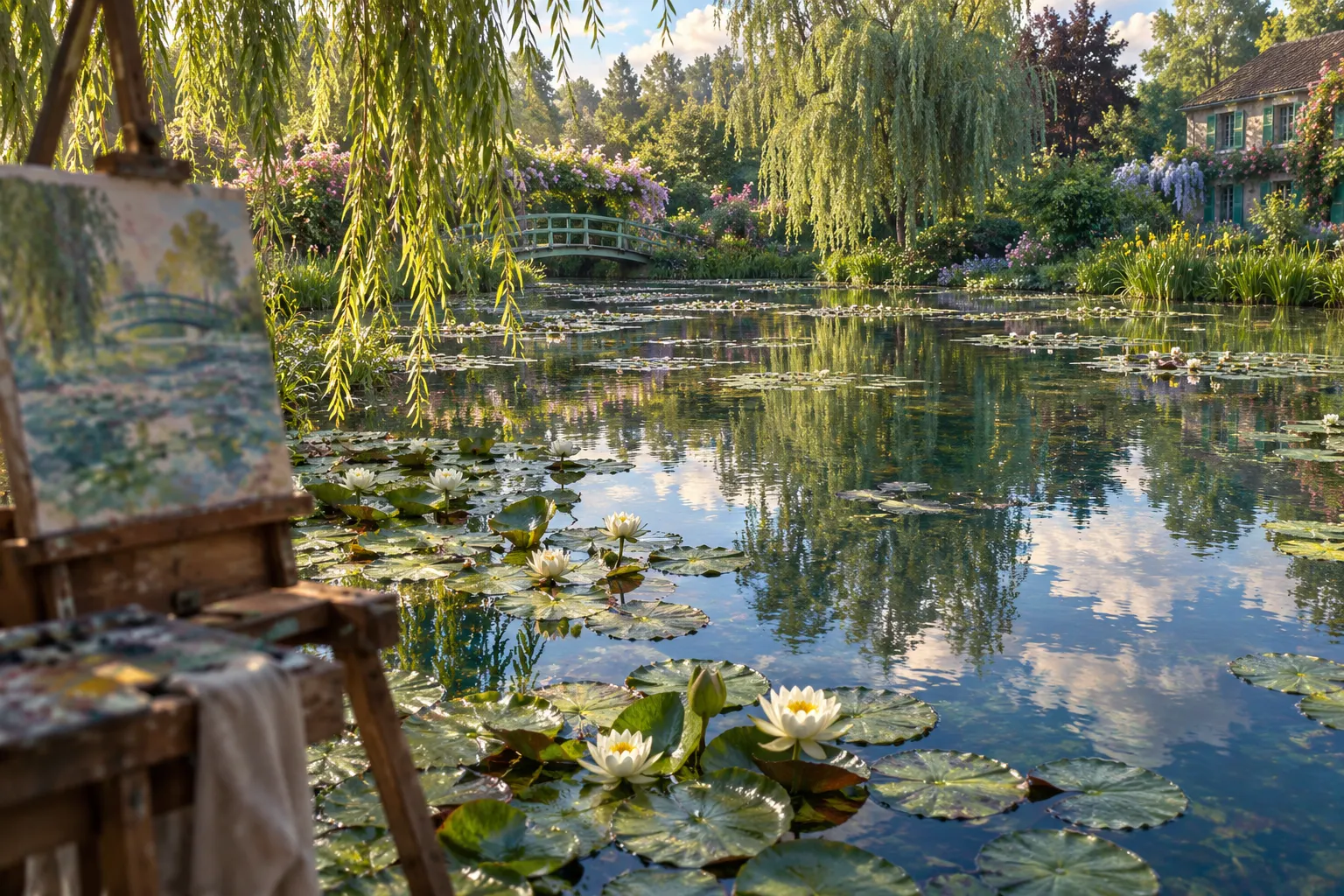 AI-generated editorial scene of the water-lily garden and easel that inspired the cycle.