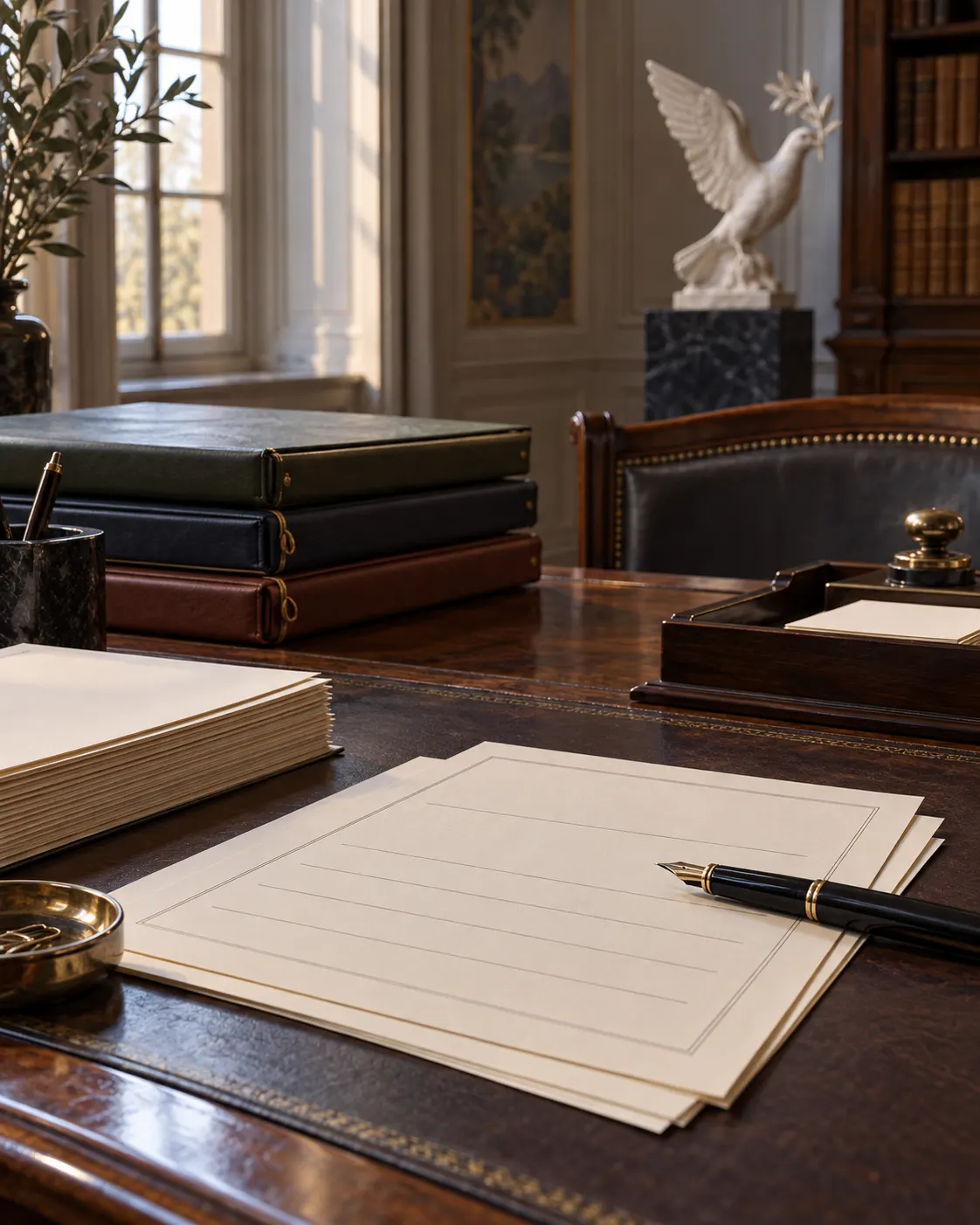 AI-generated cover: closed folders and blank nomination forms on an archival desk, with a peace dove in the background. Generated 19 October 2026. Prompt: “Photorealistic vertical 4:5 editorial cover about historical Nobel Peace Prize nominations and why a nomination is not an endorsement or an award. Show a sober archival desk with closed folders, blank nomination forms, a fountain pen, and a neutral peace dove sculpture in the distance. No names, no political figures, no flags or extremist symbols, no legible text, no award branding.”