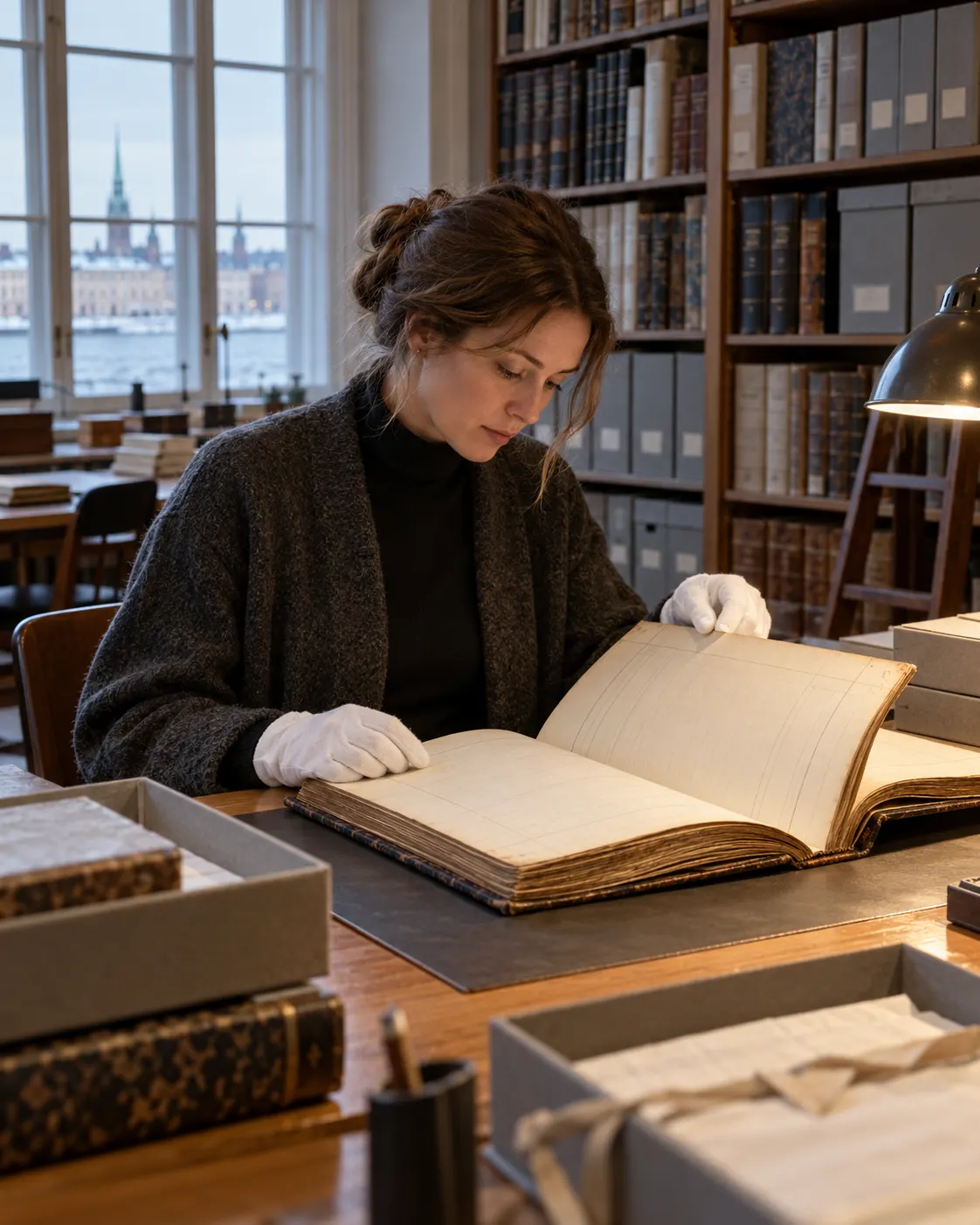 AI-generated illustration of a historian consulting an archive register. Generic library scene; the pages are blank and do not represent a real nomination record. Generated 19 October 2026. Prompt: “Photorealistic editorial illustration, vertical 4:5: a historian in white cotton gloves carefully consulting a bound archive register in a quiet Scandinavian library, shelves and archival boxes, neutral academic setting. The pages contain no legible writing. No real names, no political symbols, no logos, no medals.”